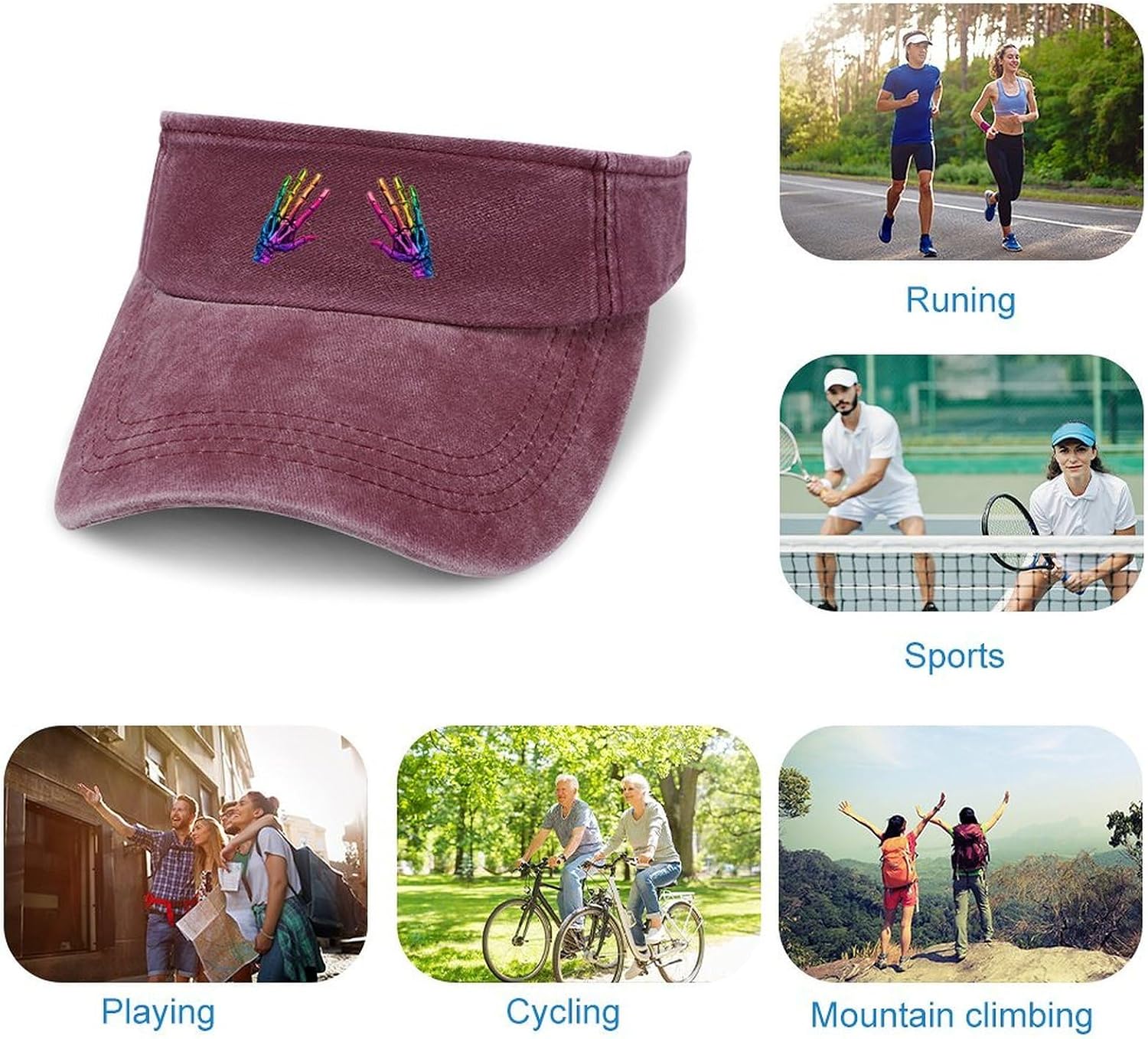Colorful Skeleton Skull Print Sport Sun Visor Hats for Women Men Empty Top Baseball Cap Adjustable Denim Hat