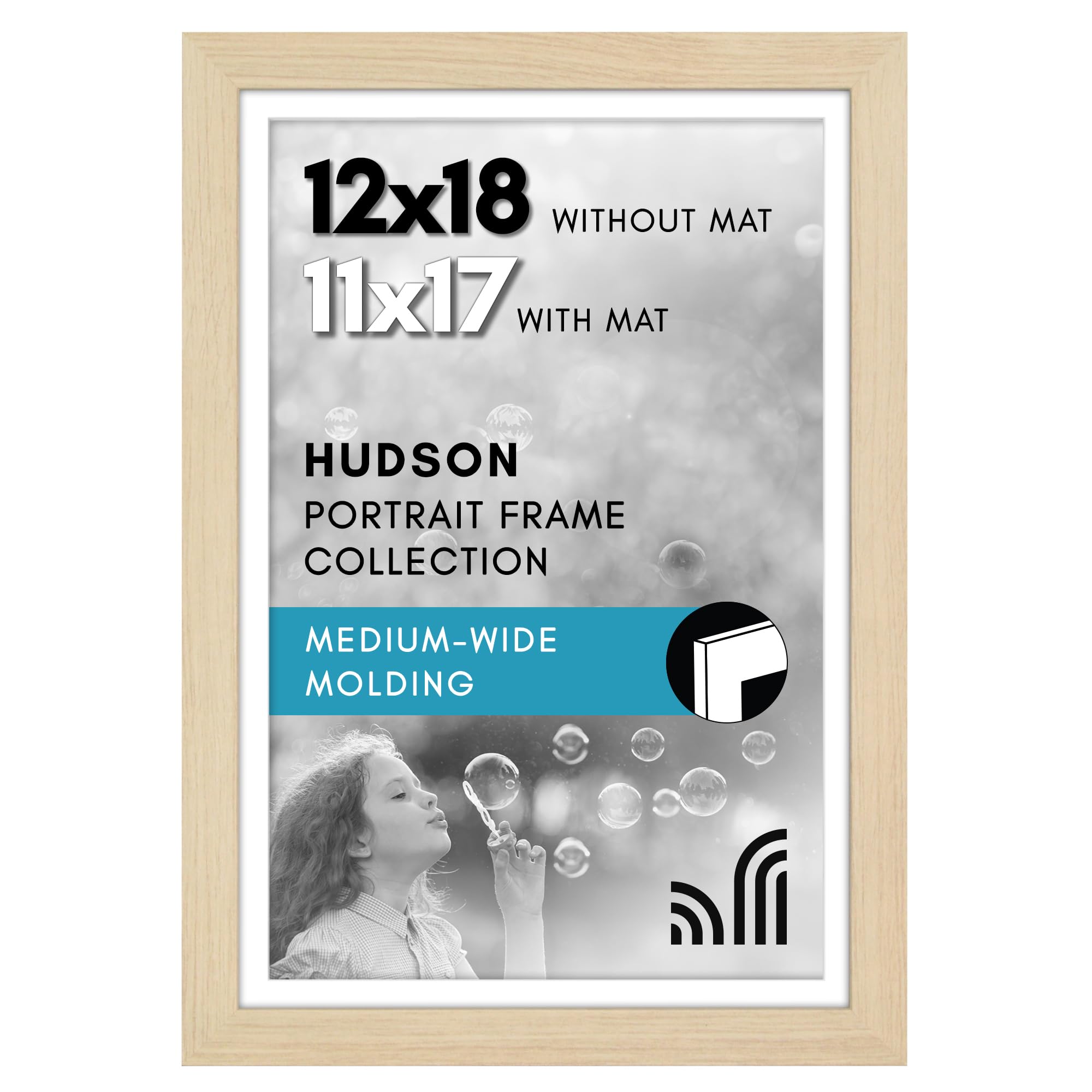 Americanflat 12x18 Poster Frame with Shatter-Resistant Glass - Use as 11x17 Frame with Mat or Display 12x18 Photo Without Mat - Hudson Collection - Wide Picture Frames for Wall Display - Natural Oak