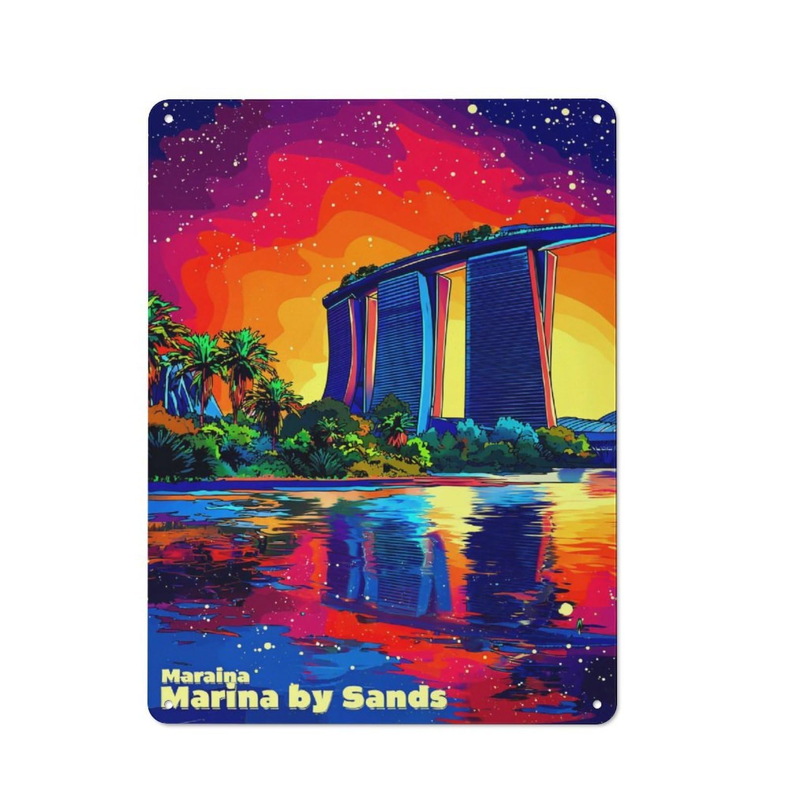 Junmoney Marina Bay Sands Vibrant Night View Classic Metal Wall Decor 40X30cm, Decorative Metal Sign For Workspace, Cafe, Shop Or Desk Area