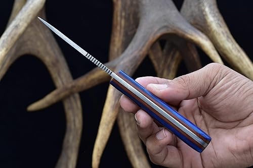 Miniatura 4 de Knives Ranch Cuchillo EDC de hoja fija de 7 pulgadas, cuchillo de caza, acero de damasco, espiga completa, mango de hueso, funda de cuero de