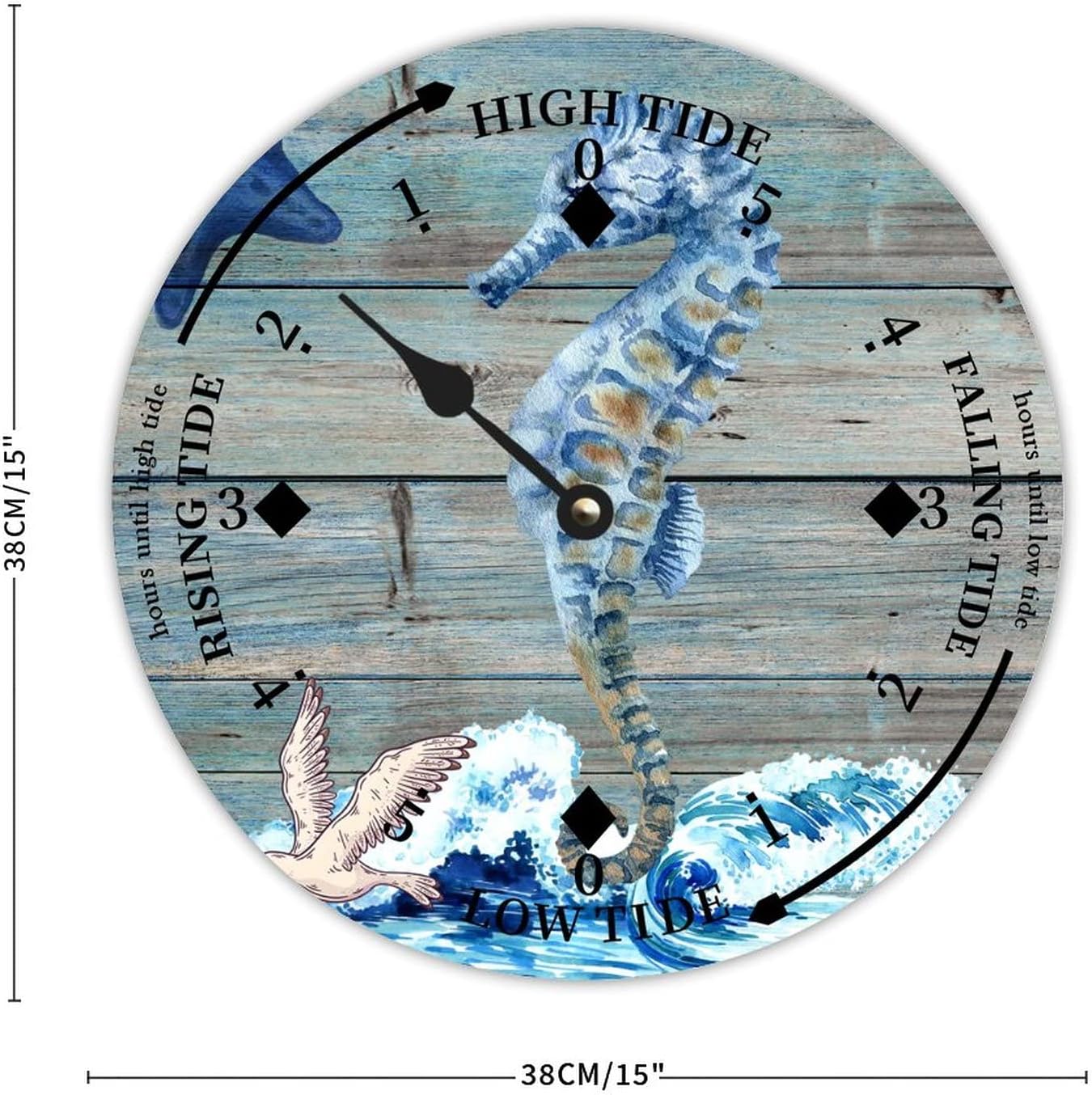 Ocean Hippocampus Wood Tidal Clock Ocean Time Maritime Coastal Beach High Tide Low Tide Clock Rustic Wooden Nautical Tide Movement Vintage Decor for Beach House Kitchen Wall Art 15x15 in