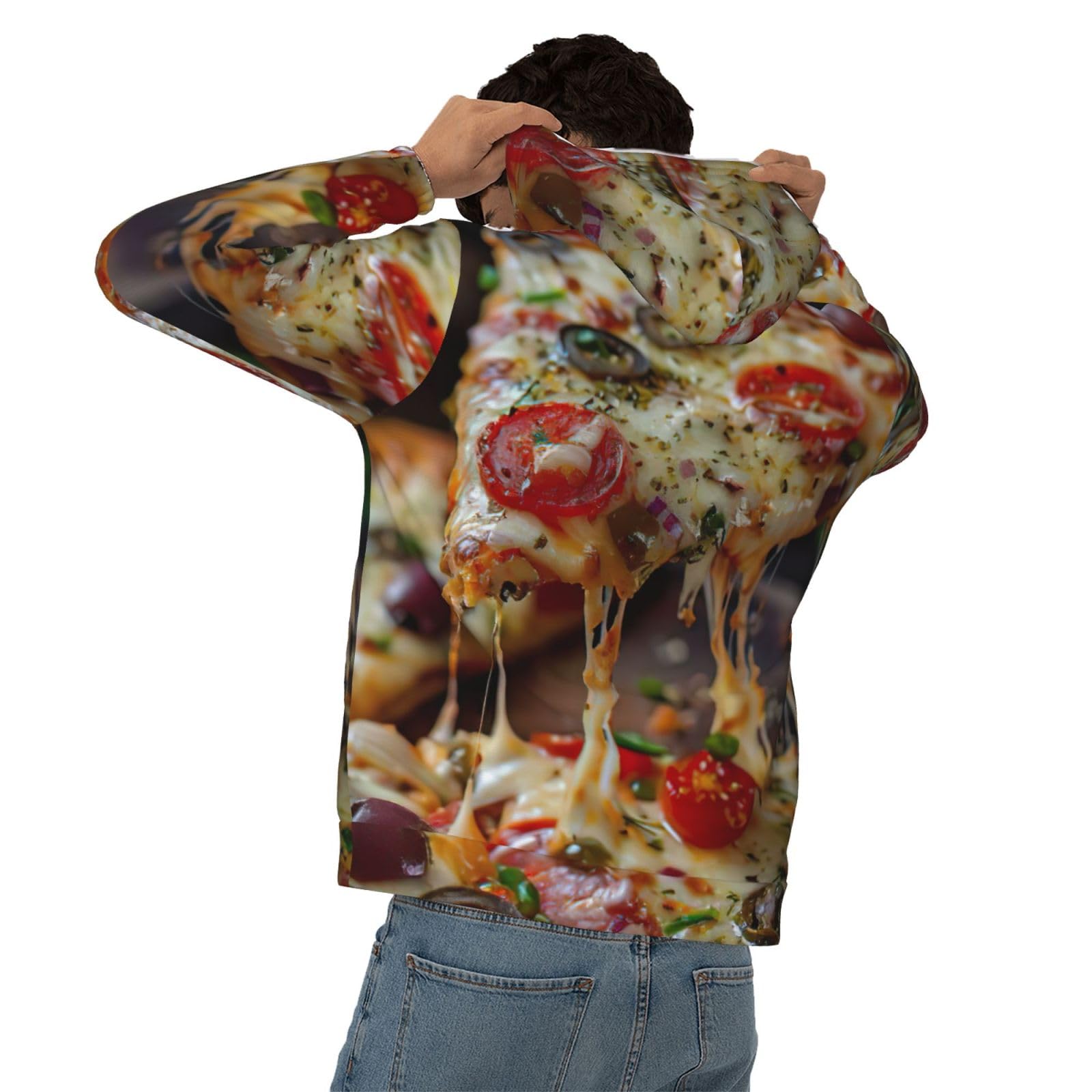 Męska bluza z kapturem z nadrukiem smacznej pizzy, casualowa grafika z nadrukiem bluzy z kapturem z kieszenią