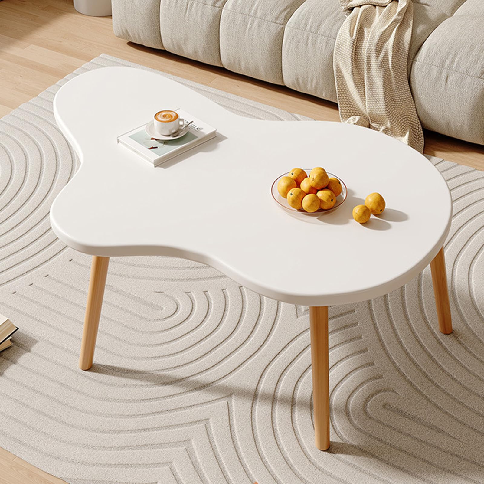 Coffee Table, Cloud Shaped Side Table, Bedroom Apartment Sofa Center Table, Solid Wood Legs Coffee Table, Solid Wood Small Side Table for Small Space, Home, Office, Living Room-100*50*41.5 CM(White-B)