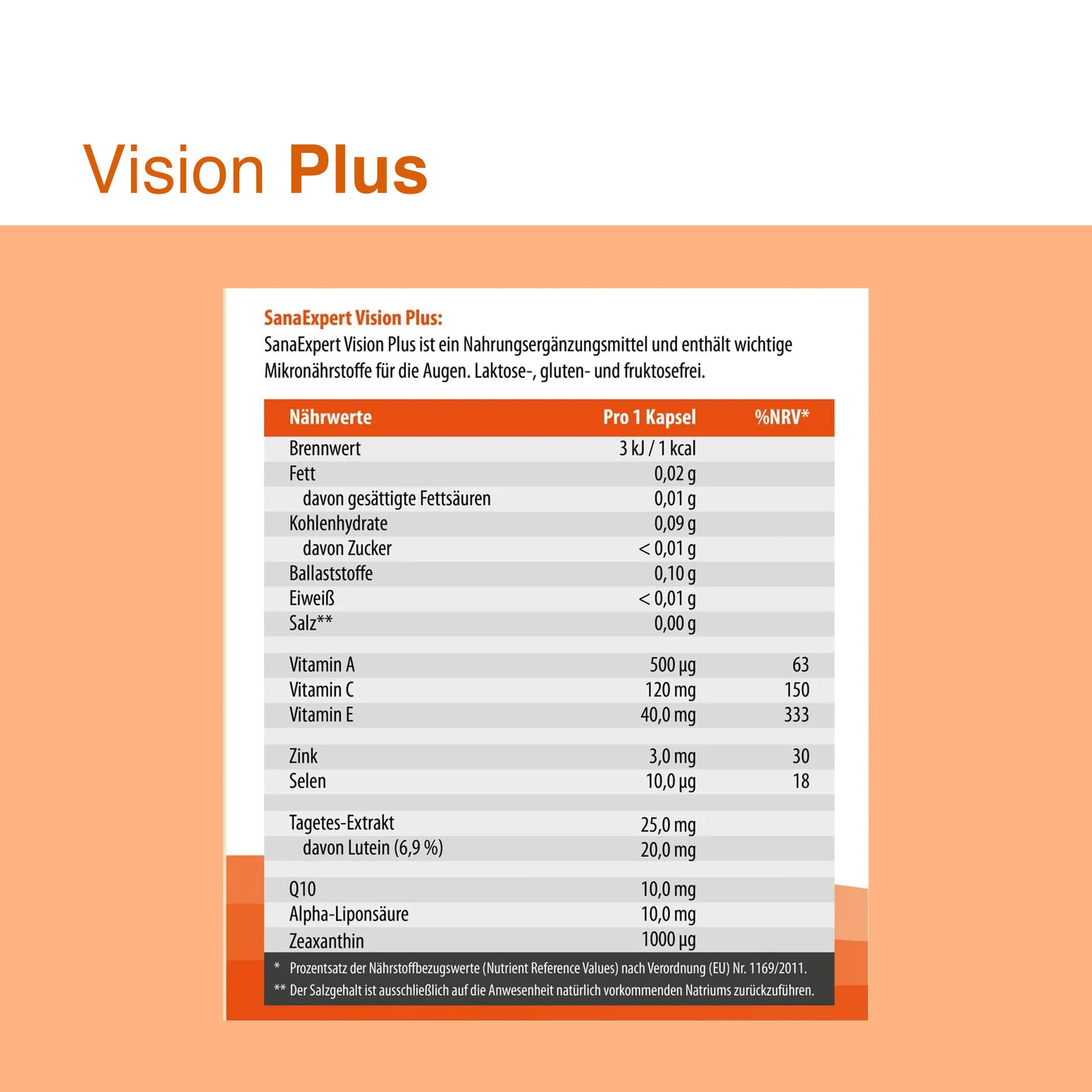 SanaExpert® Vision Plus – Mit Vitamin A für die normale Sehkraft sowie Lutein, Zeaxanthin, Q10, Vitamin C, E, Zink & Selen – 60 Kapseln – Made in Germany