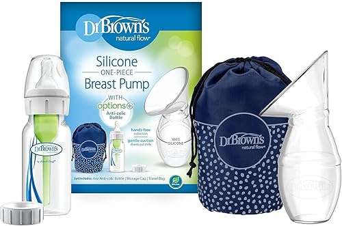 Dr. Brown's Extractor de leche de una pieza de silicona 100% silicona, colector de leche materna manos libres con opciones anticólicos + biberón (4