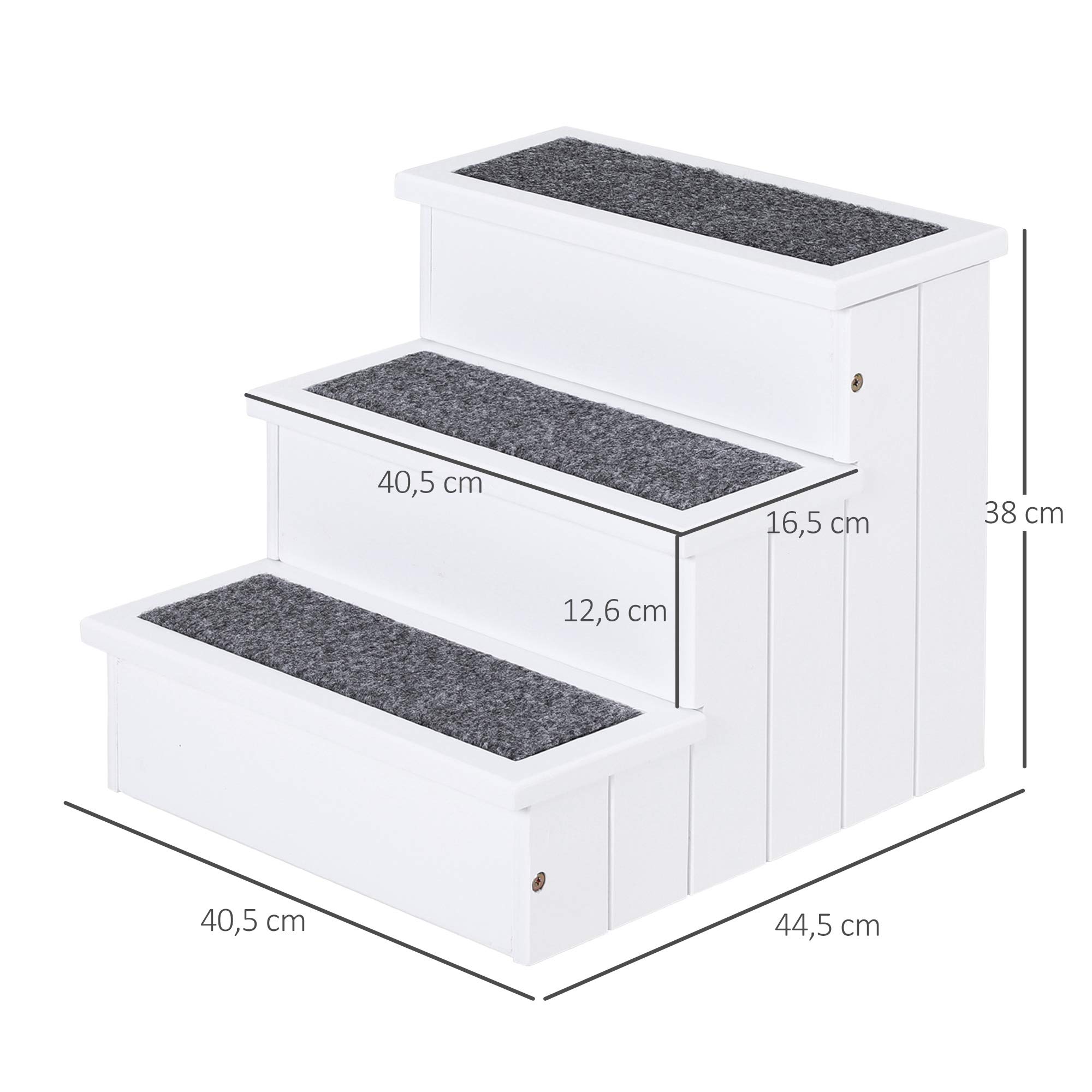 PawHut Hundetreppe 3 Stufen Katzentreppe Haustiertreppe Hundetreppe für Hunde und Katzen Tiertreppe Einstiegshilfe mit Teppich Stauraum für Sofa Bett Tannenholz Weiß 40,5 x 44,5 x 38 cm