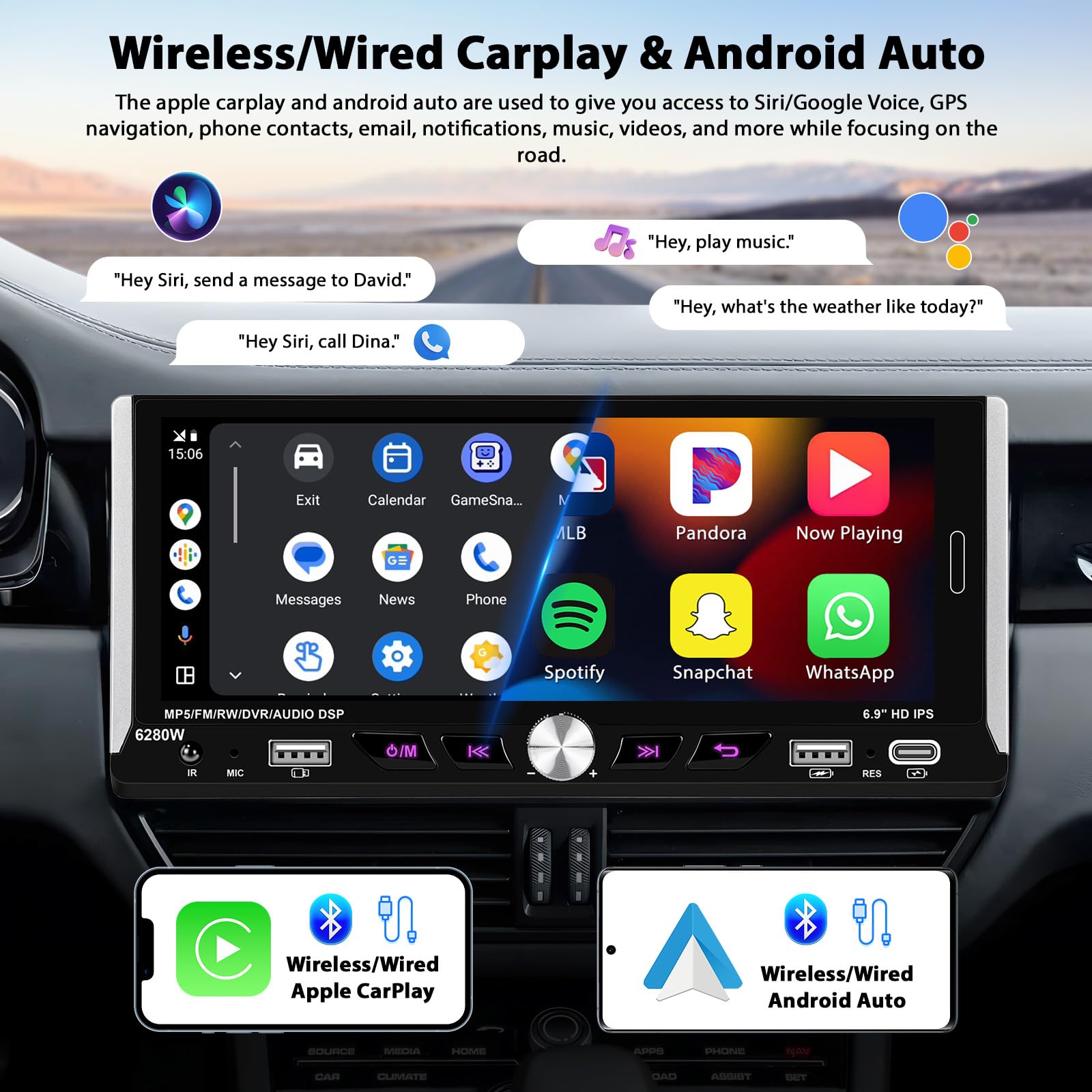 Inefala Autoradio CarPlay 1 DIN avec Wireless Carplay et Android Auto sans Fil, Radio avec écran 6,9 Pouces avec Bluetooth, Mirror Link, Compatible FM/RDS, EQ, USB, Type C, Recharge USB