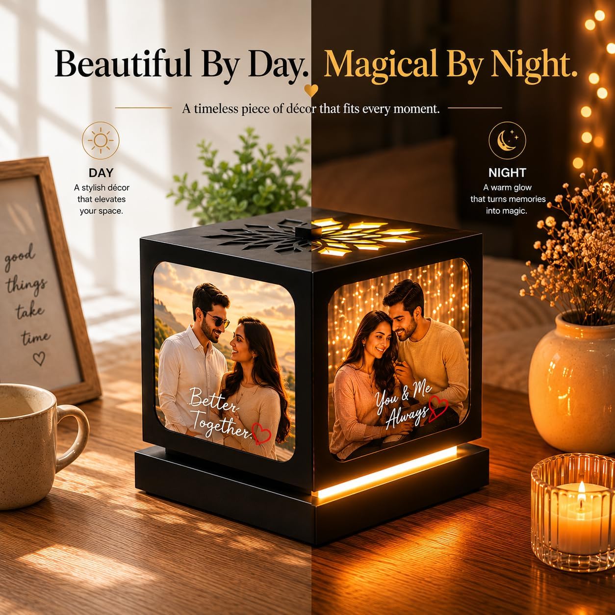 ZOCI VOCI Personalized Rotating Photo Lamp with 4 Photos for Couples – Nostalgia, Romantic Anniversary Special Gifts for Wife, Husband & Girlfriend | Customized Memory Lamp for Birthday | Rakhi Gift 2