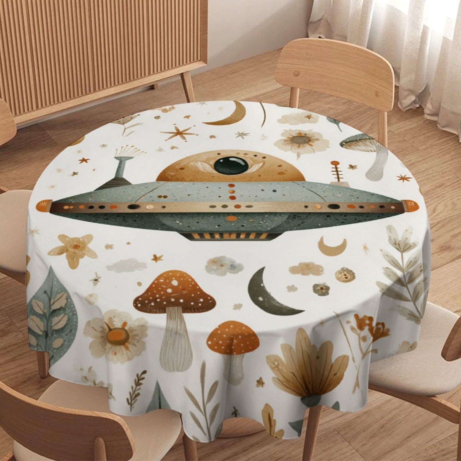 LUYYSKY Cute Funny Alien Spaceship Waterproof Round Tablecloth Fantasy Vintage Moon Botanical Plants Mushroom Flowers Washable Table Cover for Kitchen-177.8" Wx177.8 L cm
