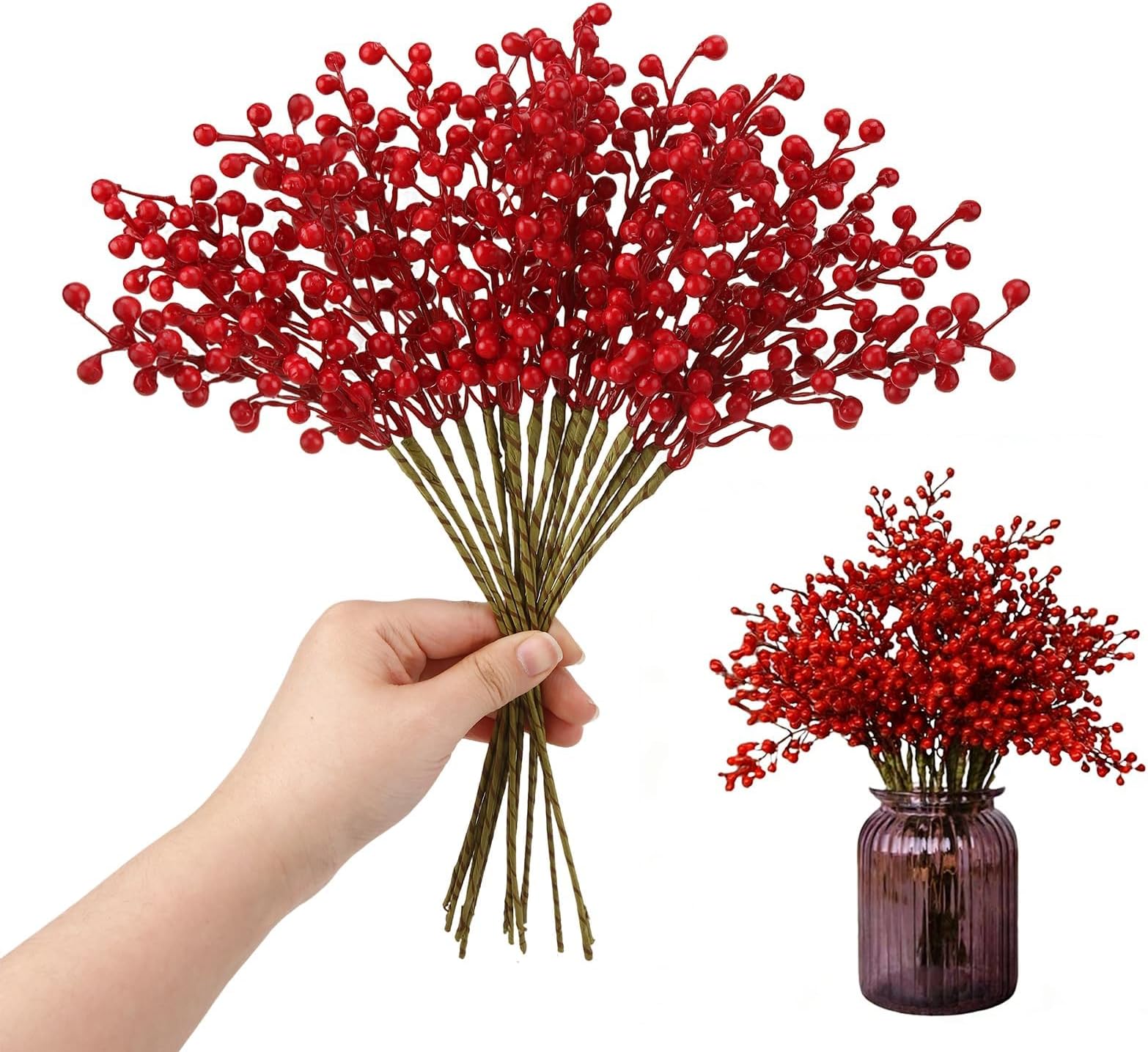 Artificial Red Berry 8 Pack Holly Red Christmas Berries Stems for Xmas Tree Decorations Crafts and Valentine's Day Decor
