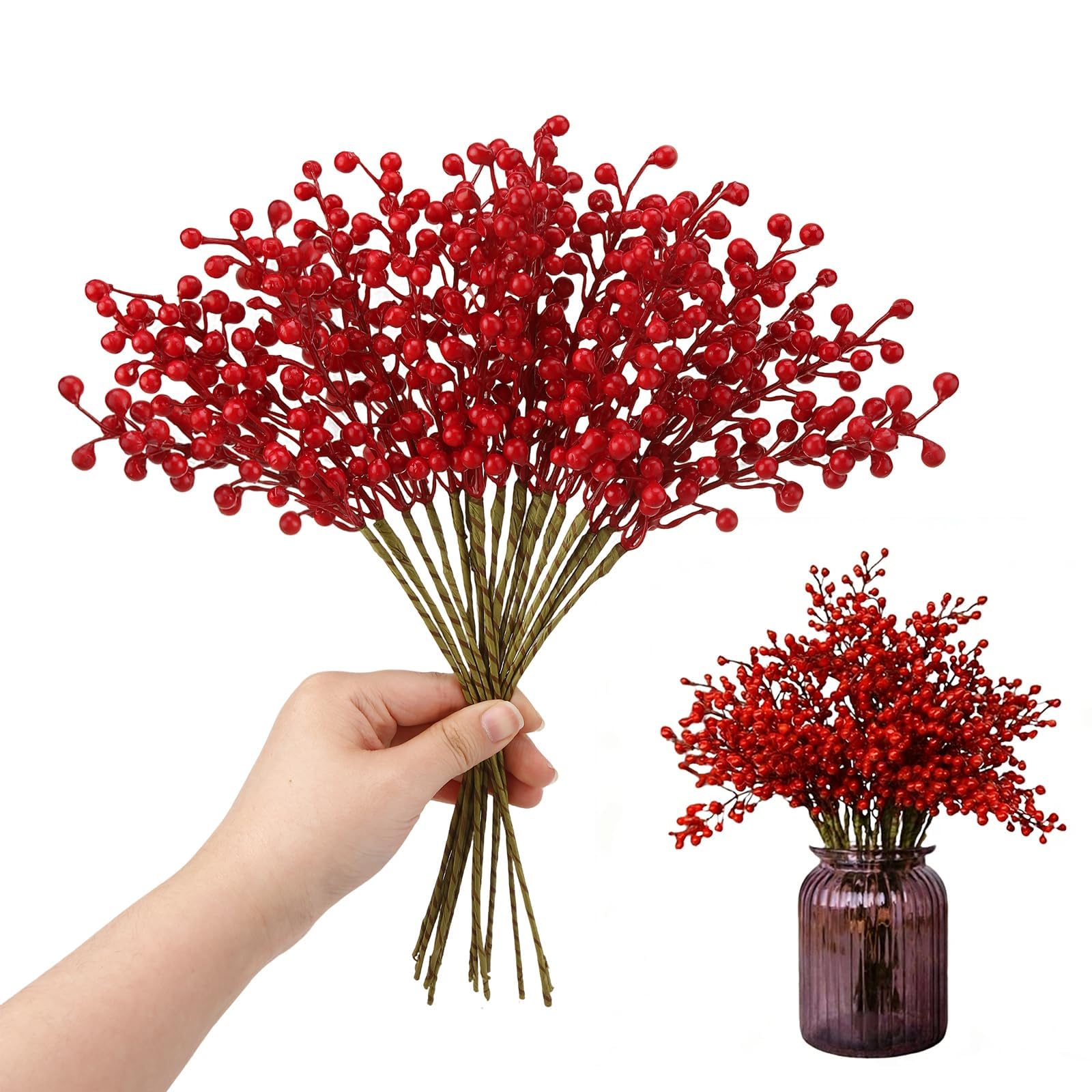 Artificial Red Berry 8 Pack Holly Red Christmas Berries Stems for Xmas Tree Decorations Crafts, Thanksgiving Day Decor Fall, Valentines Day and Lunar New Year Decorations