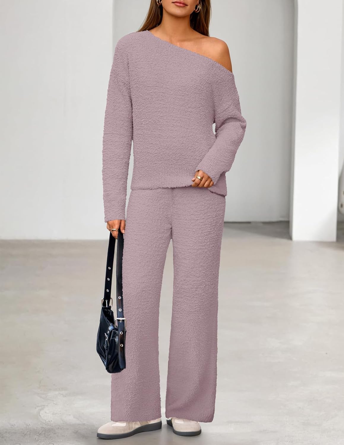 MEROKEETY Women's Fall Pajama Set Fuzzy Fleece 2 Piece Loungewear Off Shoulder Sweater Tops Wide Leg Pants Matching Outfits - Image 7