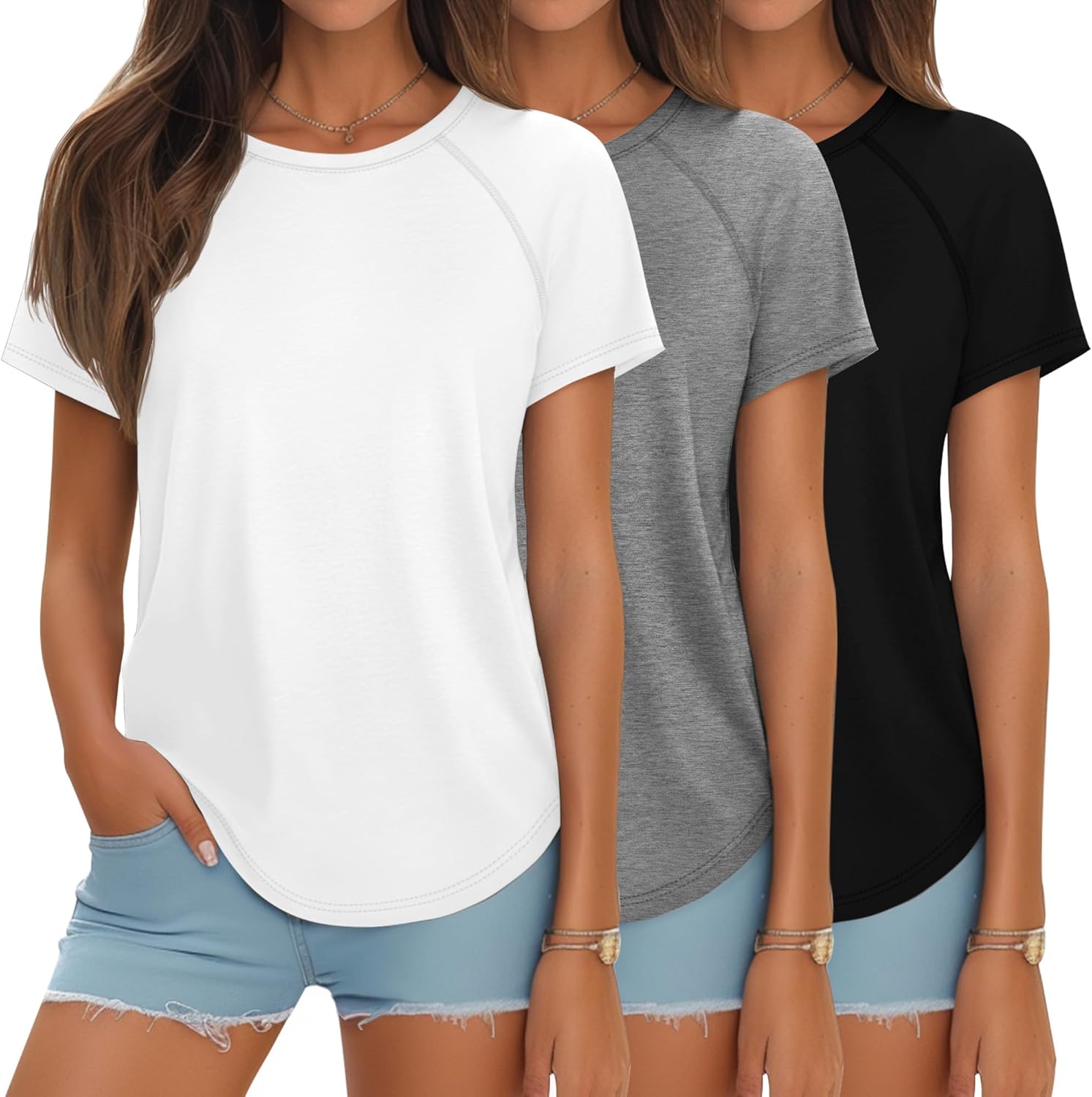 Ficerd 3 Pcs Women Short Sleeve Shirts Curved Hem Top Round Neck Tunics Side Split Summer for Women