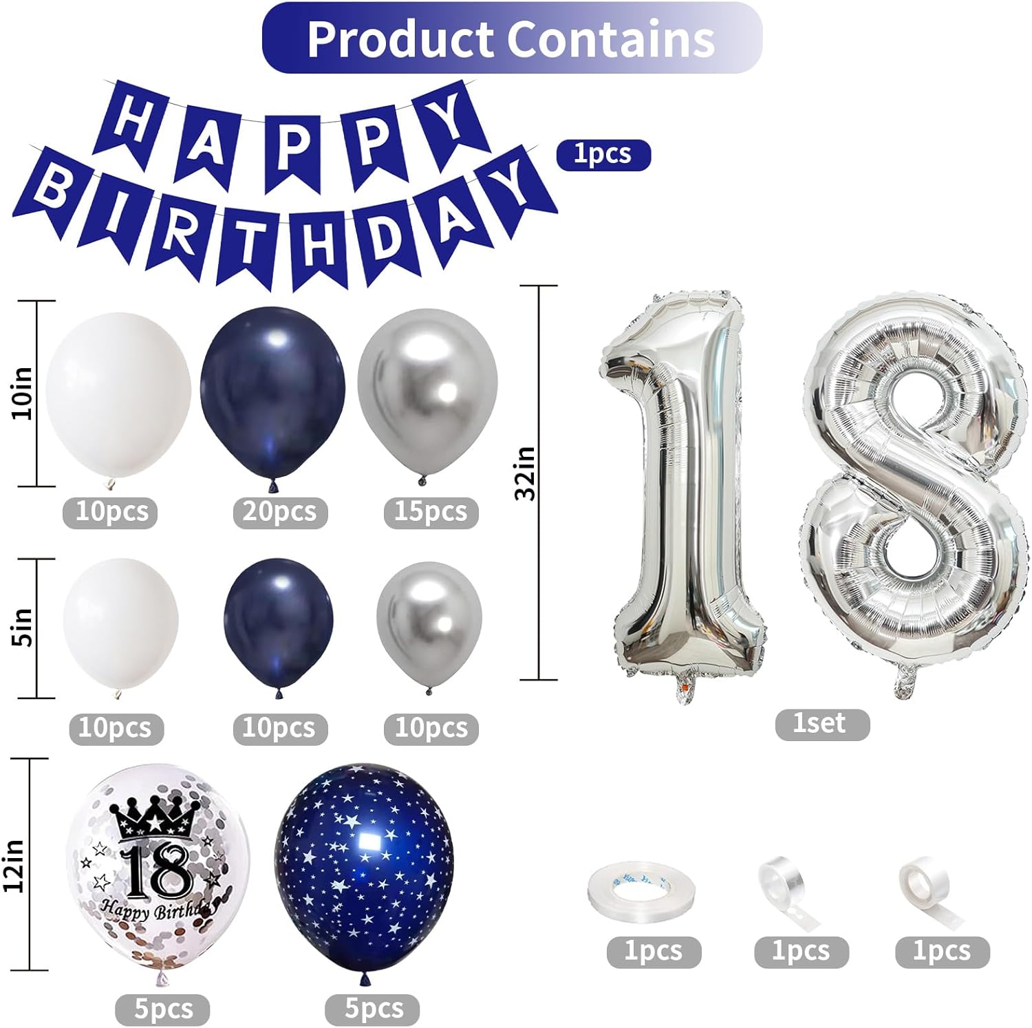 18th Birthday Decorations for Boys Blue Silver Balloons Garland Arch Kit with Number Foil Confetti Balloon Happy Birthday Bunting Banner Navy Blue Silver Party Decor for 18 Years Old Girls Anniversary - Image 2