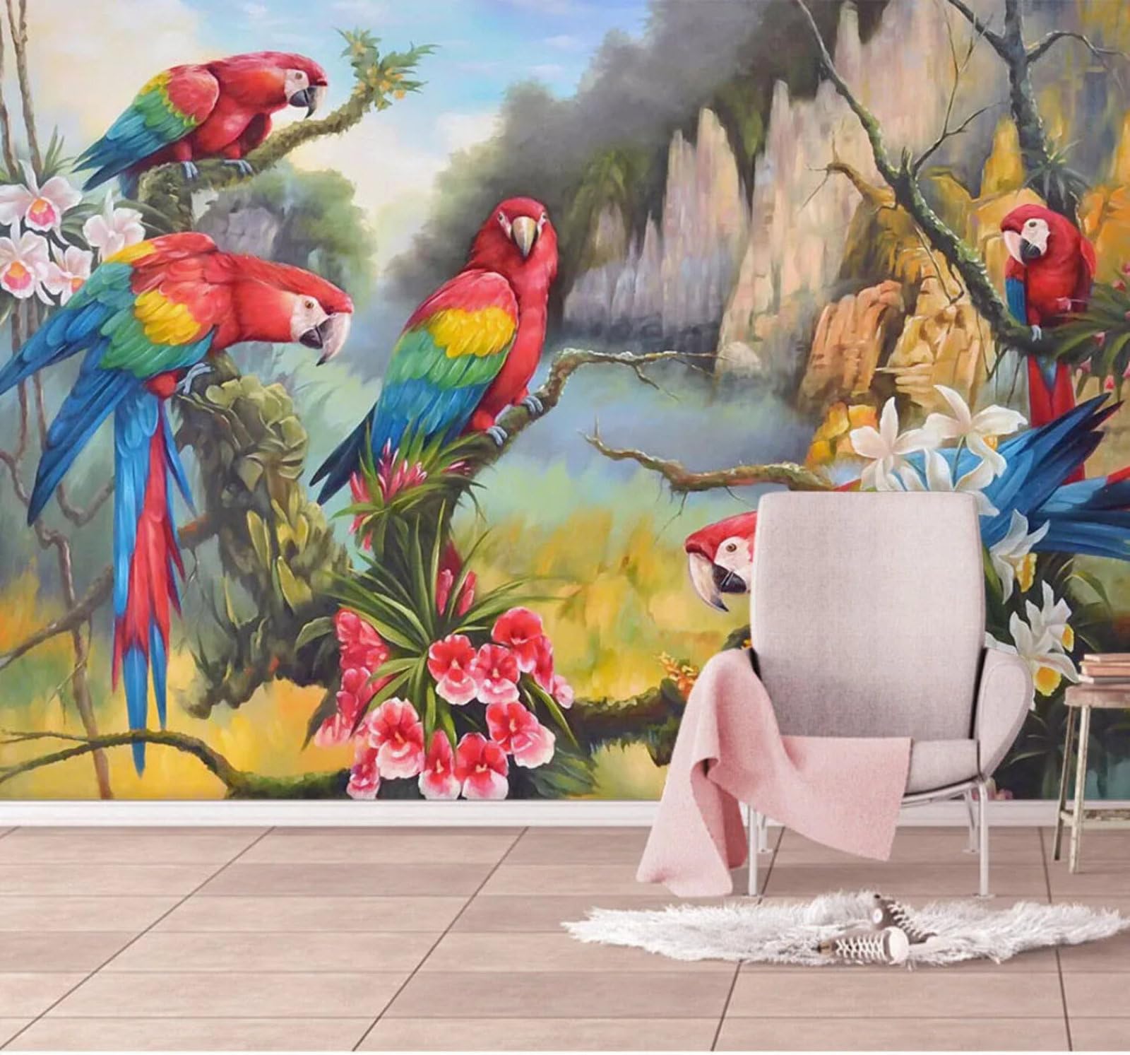 Hand Drawn Colour Parrot Beautiful Landscape 3D Wallpaper Easy Install Feature Office Living Room Sofa Bedroom TV Background Wall Decoration-400cm×280cm