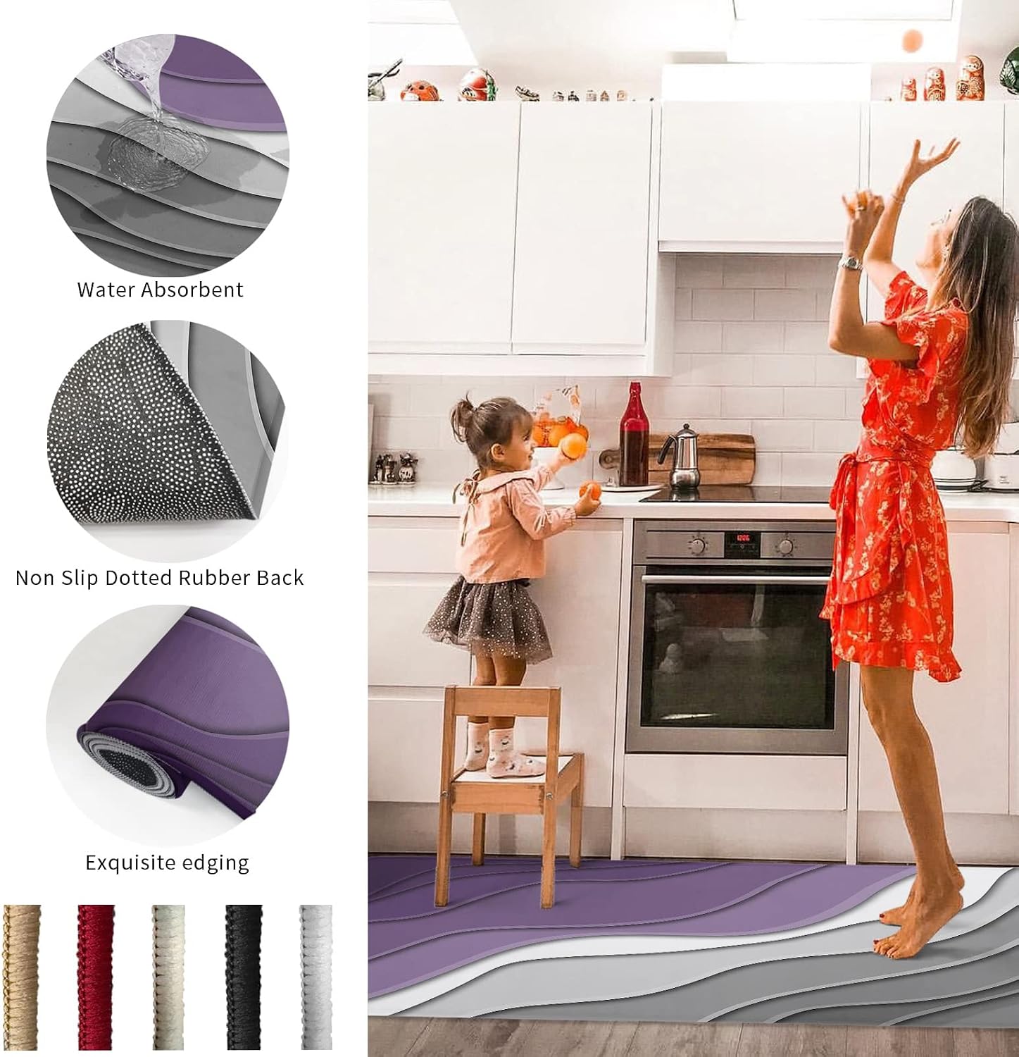 Kitchen Runner Rug, Purple Grey White Wave Stripes Non Slip Runner Carpet Door Mats Floor Mat for Laundry Bedside Bathroom Bedroom Set of 2 Abstract Geometric Lines