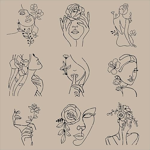 Miniatura 3 de ORIGACH 9 plantillas abstractas minimalistas modernas de 11.8 x 11.8 pulgadas, patrón floral de cara femenina, plantillas grandes de PET, plantilla