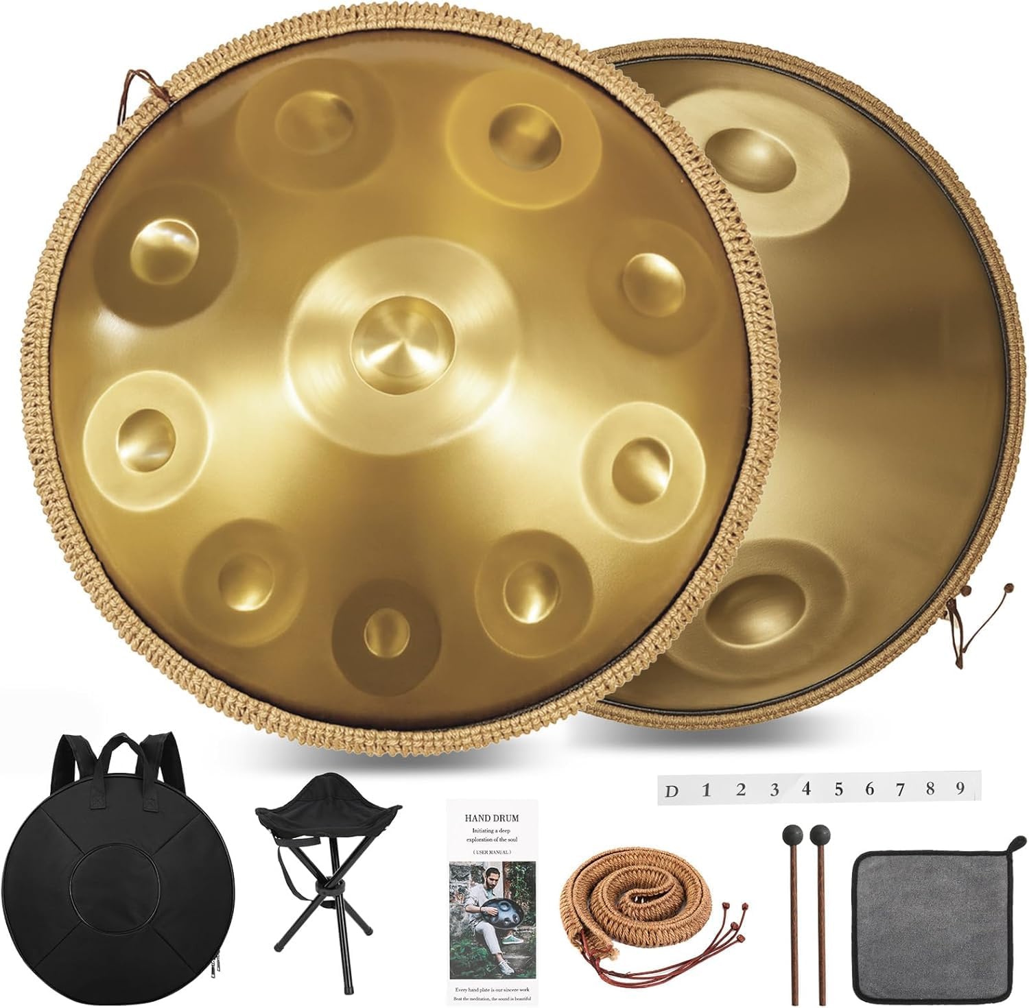 Handpan 22 Inches Drum Set, 440Hz 12 Notes Hand Drum Instrument, Premium Steel Hand Drum, Includes Carrying Case, Drumsticks, Spiral Wraps, Instruction Guide (Golden-HD-12 Notes)