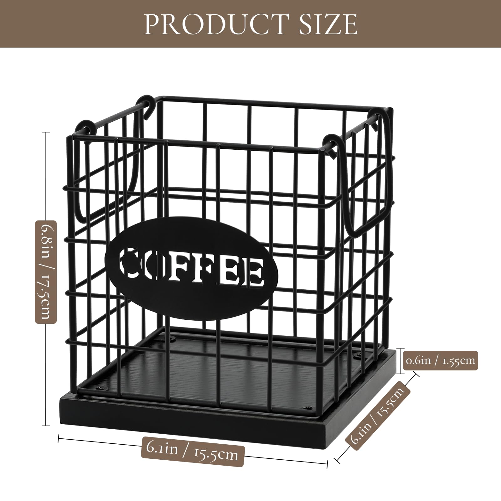 Organizador de cápsulas de café, organizador de gran capacidad, cesta de almacenamiento para encimera de cocina, oficina, cafetería, bar con base de madera (cuadrado negro rústico)