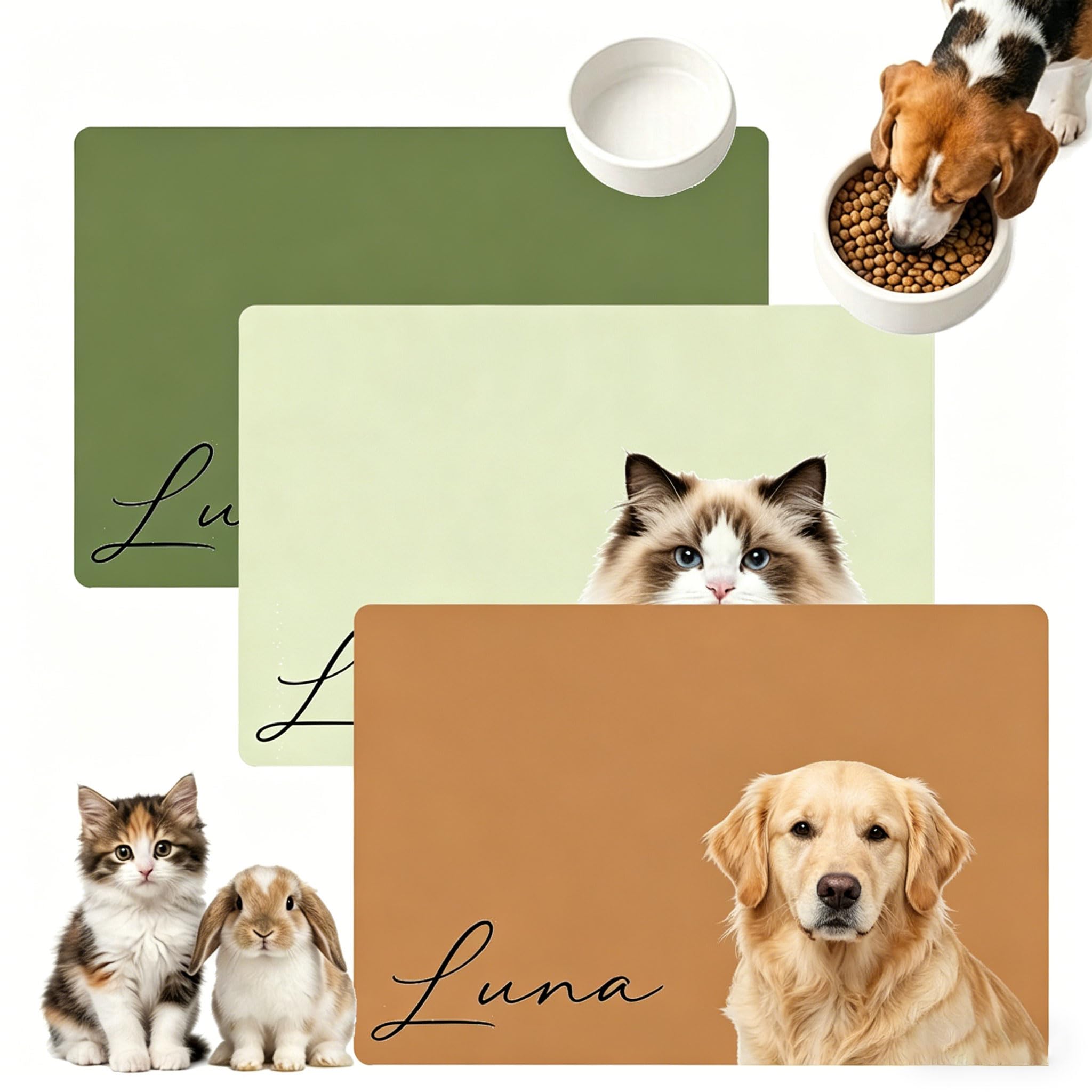 Custom Pet Food Mat, Custom Dog & Cat Mat with Photo & Texte, Customized Name Feeding Mat for Food and Water, Waterproof & Non-Slip Backing Pet Bowl Placemat for Floors (Style 1)