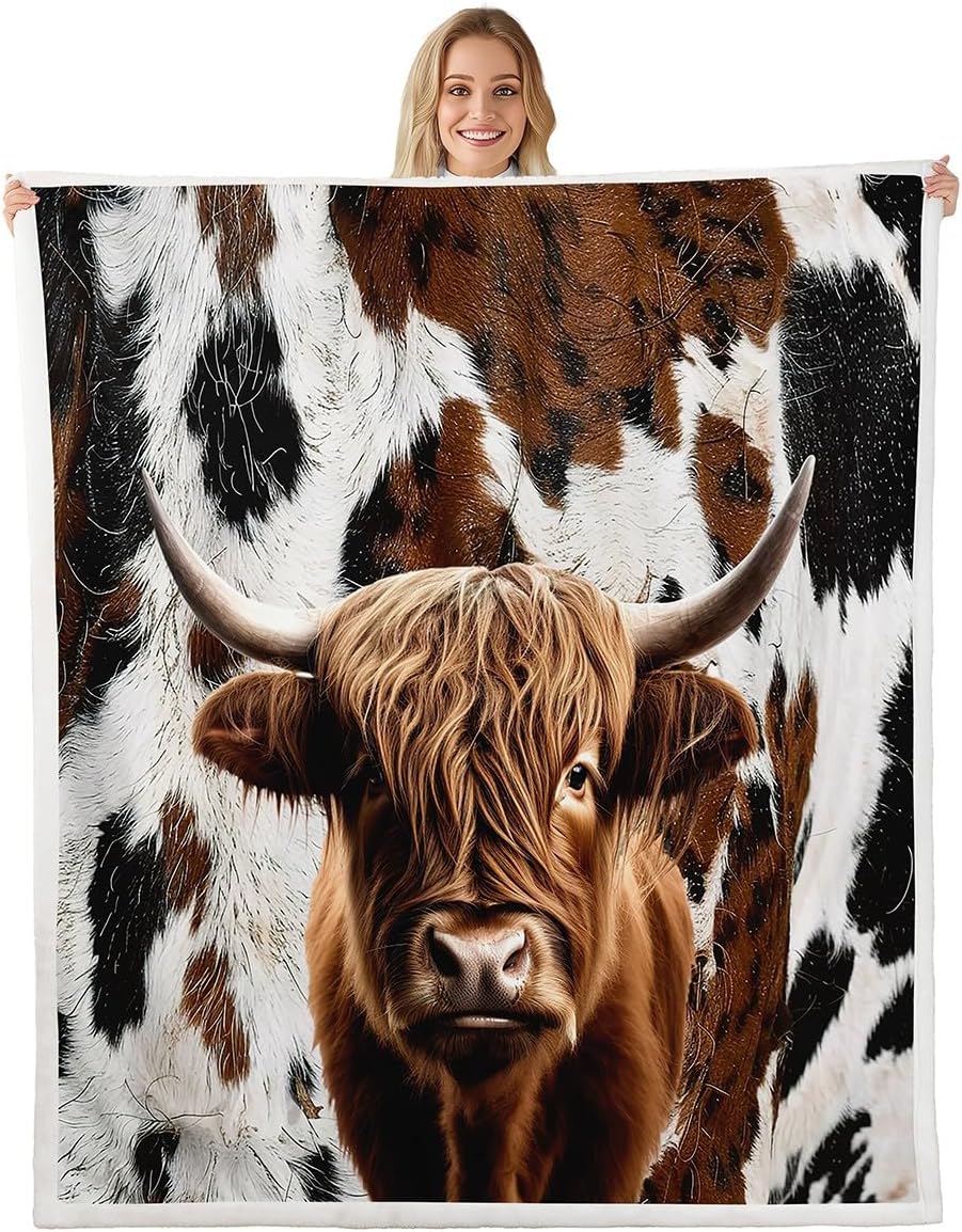Feelyou Kids Adult Cow Print Sherpa Blanket Highland Cow Print Fleece Throw Blanket for Kids Boys Girls Gift Cow Fur Print Plush Blanket Western Farmhouse Fuzzy Blanket for Sofa Bed Couch 60"x80"