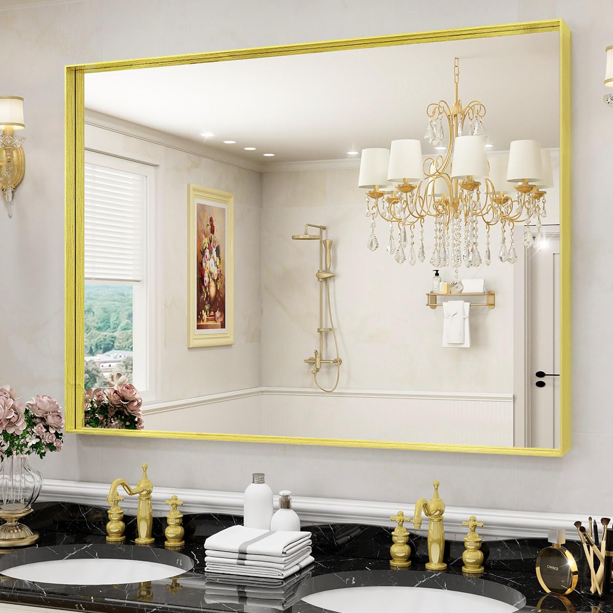 Photo 1 of **NON REFUNDABLE NO RETURNS SOLD AS IS**
**PARTS ONLY**BEAUTYPEAK 30" X 48" Bathroom Mirror for Wall, Modern Gold Deep Framed Mirror, Rectangular Wall Mounted Vanity Mirror for Bathroom, Bedroom, Living Room, Hangs Horizontally or Vertically, Gold Gold-re