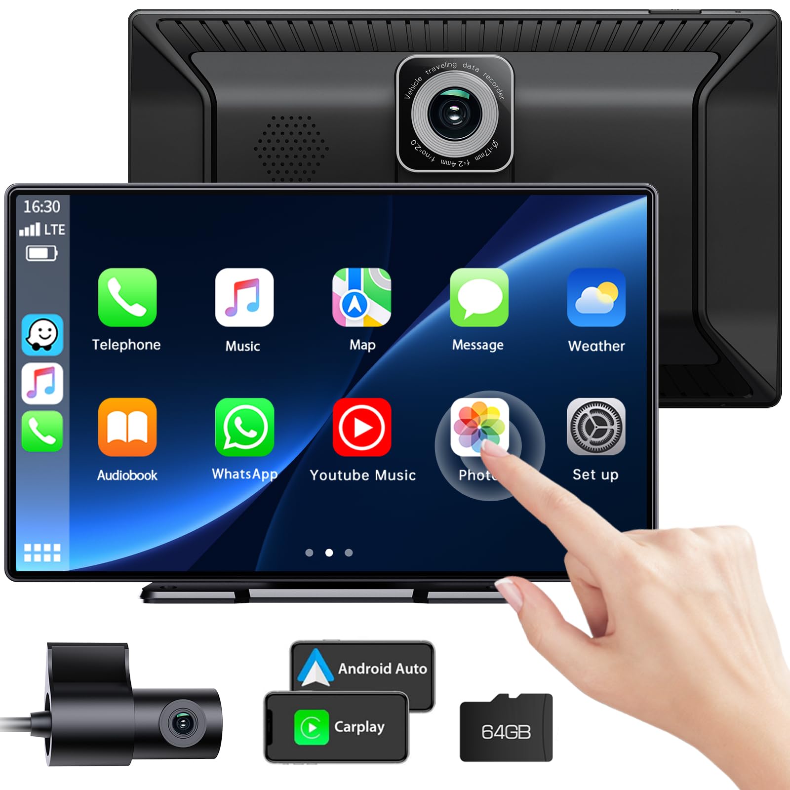 Schermo CarPlay Portatile Da 9.26 Pollici Volam – Wireless Per Auto, Con Android Auto, Touchscreen E Assistenti Vocali