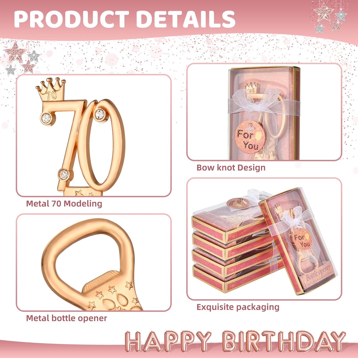 24 boxes of rose gold themed 70th birthday bottle openers favored for 70th golden wedding party gifts birthday party souvenirs or party decorations