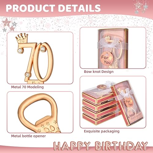 Miniatura 3 de 24 cajas de abrebotellas de cumpleaños número 70 con temática de oro rosa, favorecidas para regalos de fiesta de boda dorada 70, recuerdos de fiesta