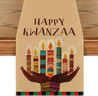 Artoid Mode Black Red Green Stripes Kinara Candles Happy Kwanzaa Table Runner, African Heritage Kitchen Dining Table Decoration for Home Party Decor 13x72 Inch