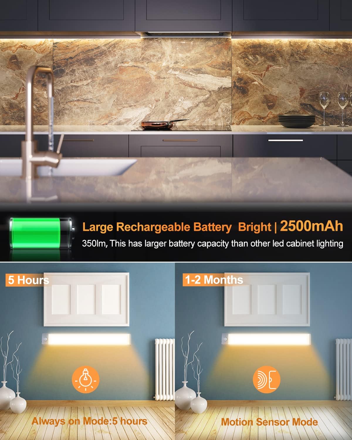 PRIORARE Under Cabinet Lighting 54 LED Motion Sensor Closet Light, 2500mAh Rechargeable Ultra Thin Magnetic Closet Lighting, 350lm Led Wireless Lights for Kitchen, Stairs(Warm White, 2Pack)