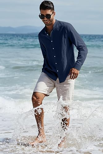 Miniatura 7 de JMIERR Camisas de algodón y lino para hombre, de verano, casual, de manga larga, cuello con botones, camisa de playa