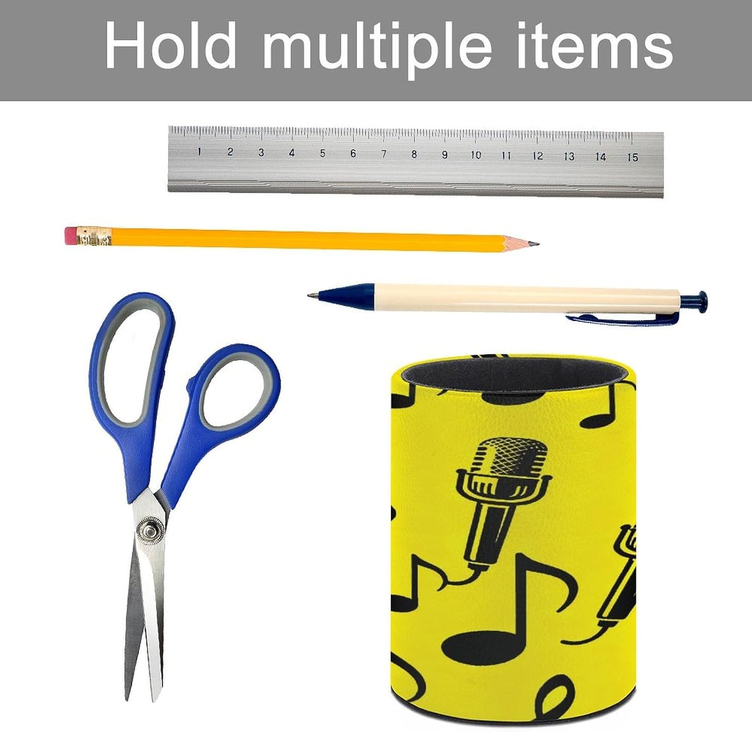 Music Note Yellow Pen Holder, Pencil Holder for Desk, PU Leather Desktop Pen Cup Storage, Round Desk Pencil Pens Organizer, Makeup Brush Holder for Home Office image 5