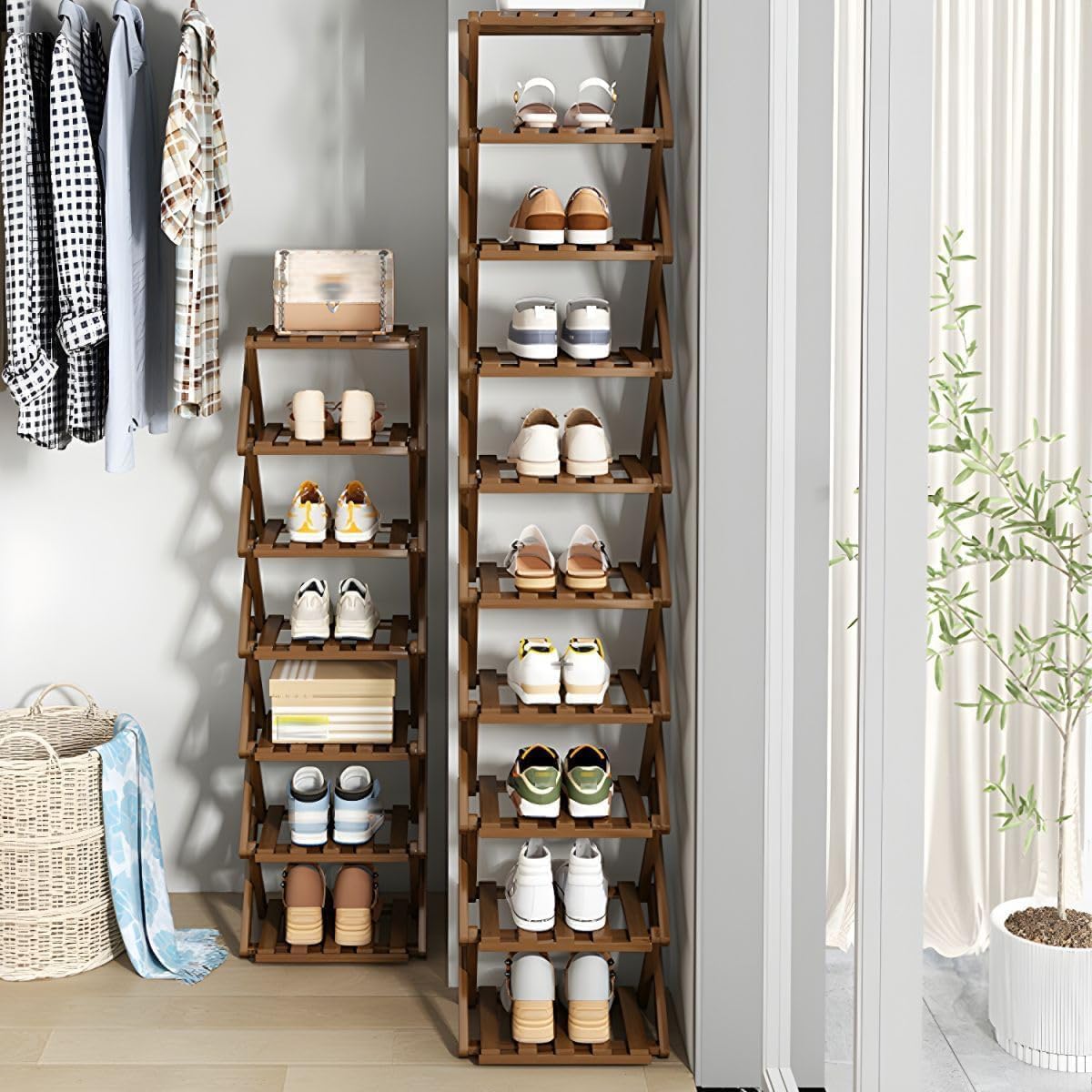 9-Tier Bamboo Shoe Rack No Assembly Required-Foldable Vertical Shoe Organizer for Entryway & Closets,Space-Saving Narrow Shoe Shelf Holds 14-18 Pairs,Tall Wooden Shoe Tower for Small Spaces (9Tier,A)