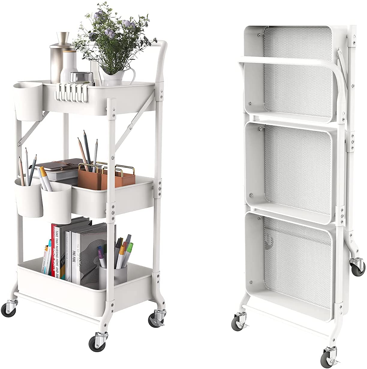 Buy T&Q 3 Tier Foldable Metal Rolling Cart, Metal Trays Utility Cart