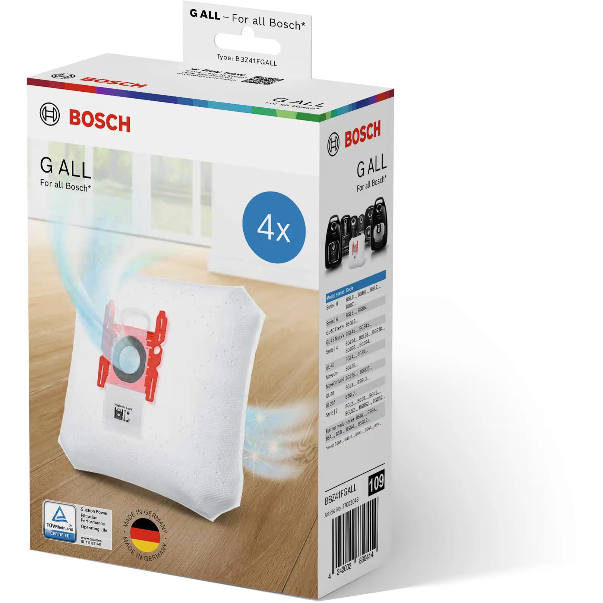 Bosch BBZ41FGALL Vacuum Bags Power Pro Tect Dustbag Type G All Suitable for All Bosch (Except Canister Vacuum Cleaner BSG8)