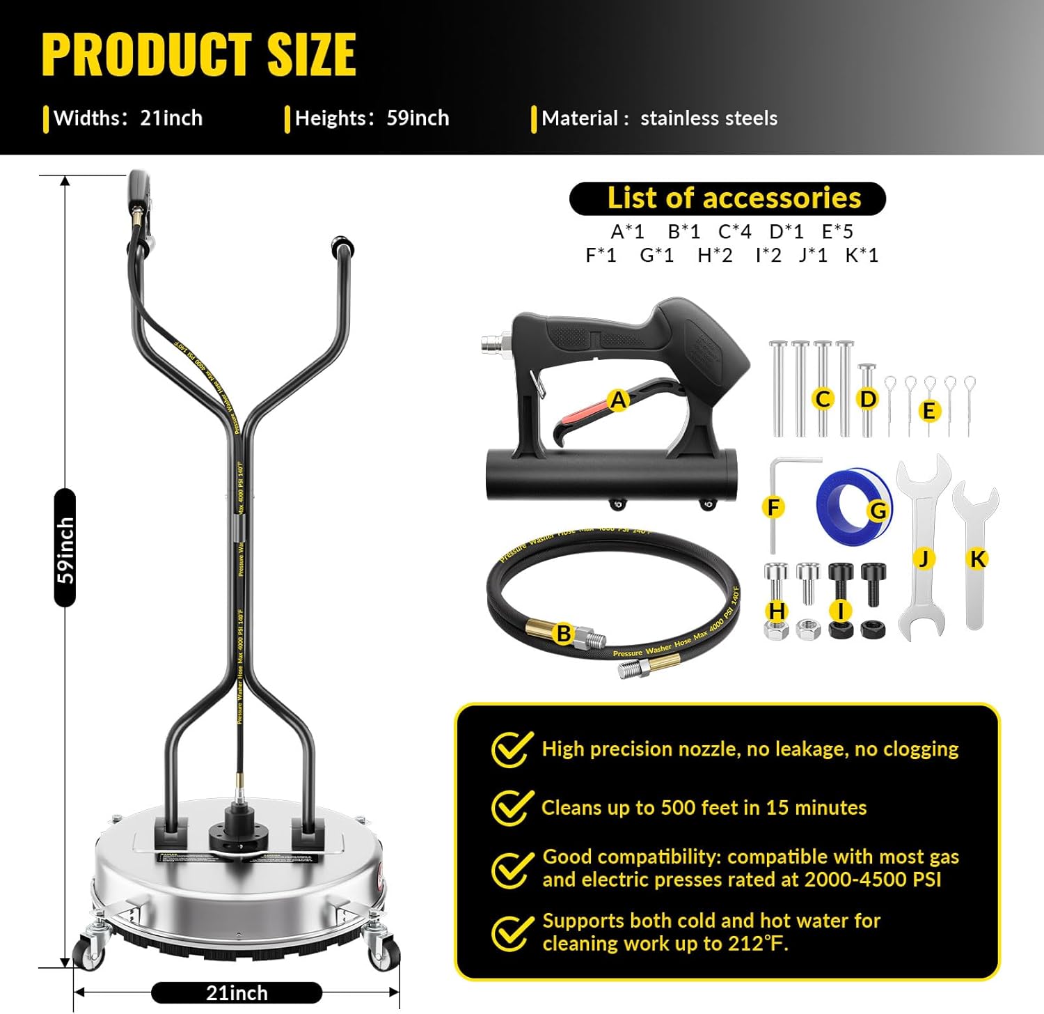 21''Pressure Washer Surface Cleaner,4500PSI Power Washer Surface Cleaner Attachment with Wheels,Dual Handle,Stainless Steel Housing, 3/8'' Quick-Connect for Driveway Sidewalk Curb Deck Patio Cleaning