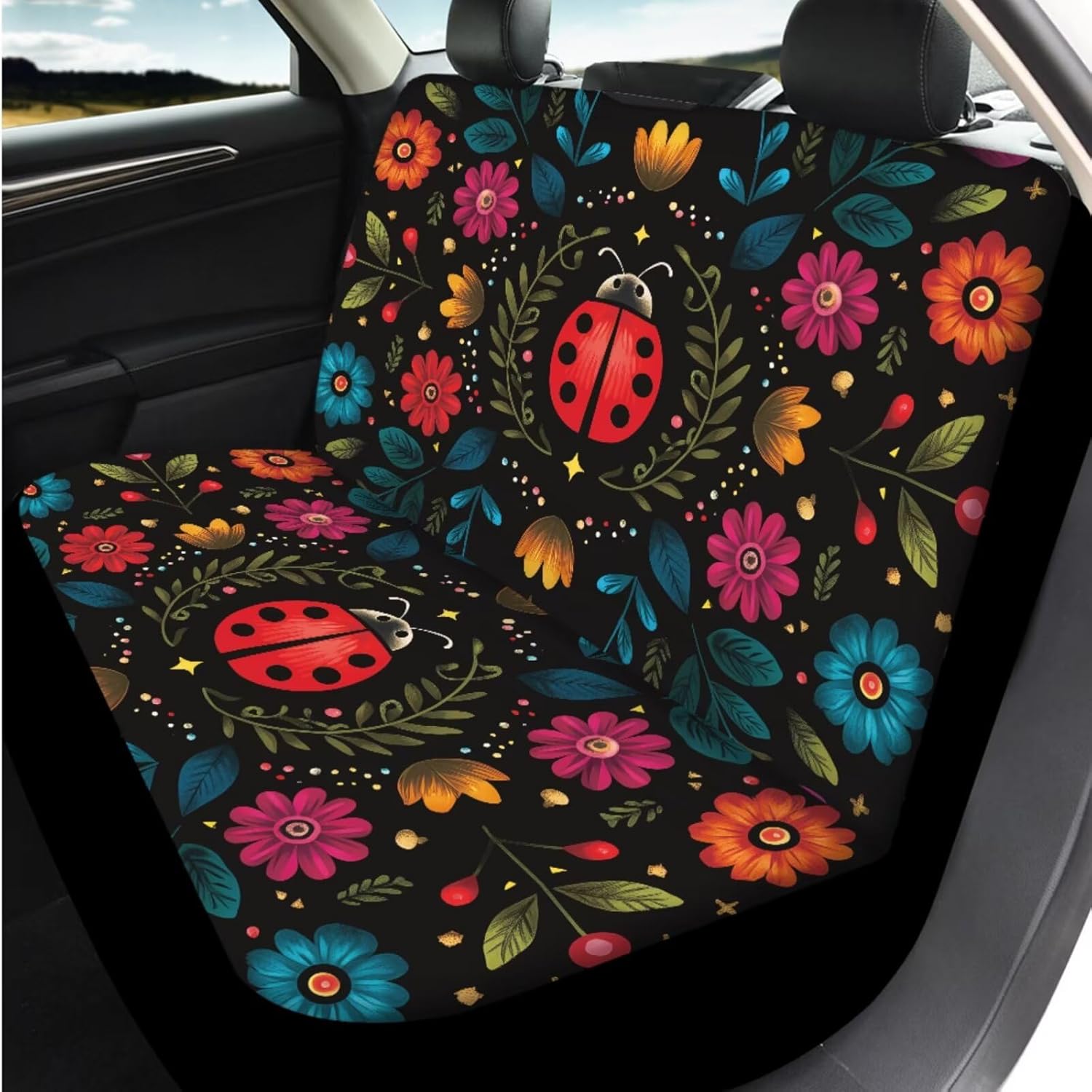 Bulopur Floral Ladybug Car Seat Covers Front and Back 14 Pack with Soft Car Armrest Pad Car Seat Belt Covers Keychain Auto Interior Accessories Set