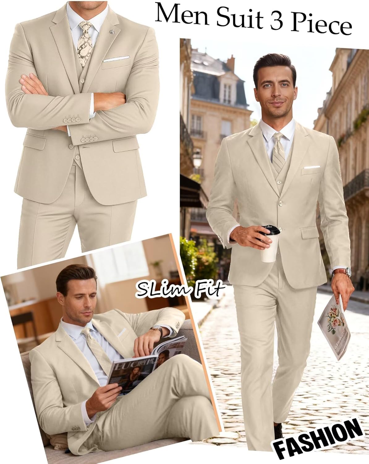 Mens Suit 3 Piece Set Slim Fit Wedding Groomsmen Suit for Men Two Buttons Suits Set Solid Jacket Vest Pants with Tie - Image 6