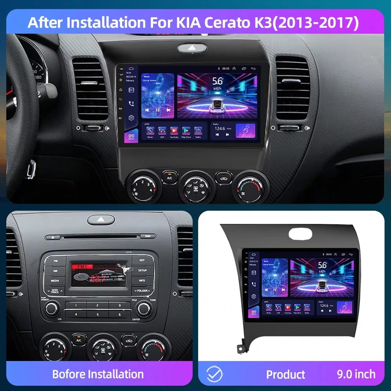 Car Stereo dla Kia K3 Cerato 3 Forte 2013-2017 9 Inch Android 15 Touch Screen Fm Bluetooth Fm Gps For, 8 Core 6G+128G