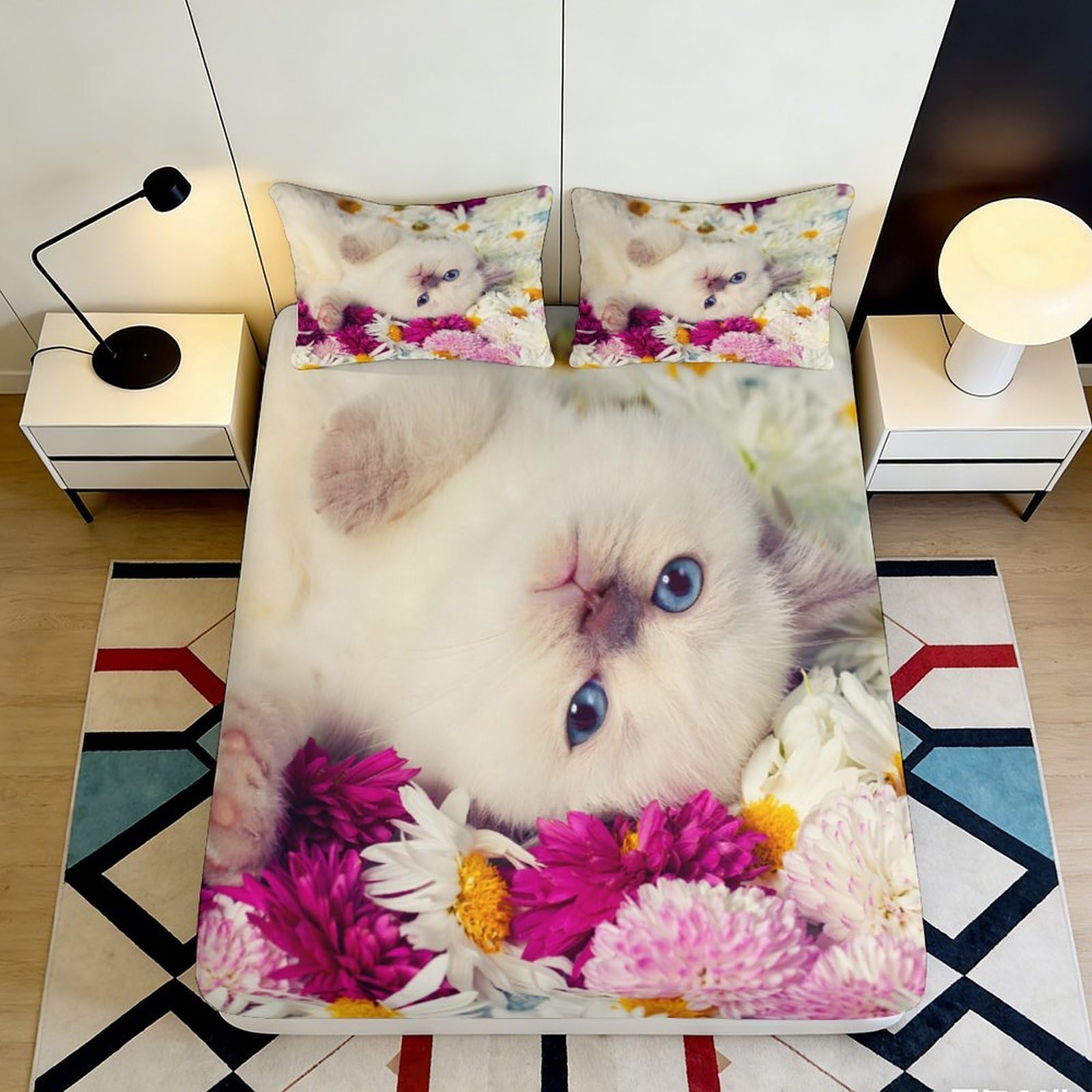 3D Printed Cute Kitten Fitted Sheet Microfiber Soft Floral Bed Cover Anti-Slip Easy Care Bedroom Decor for Home Guest Room 90x200x25cm