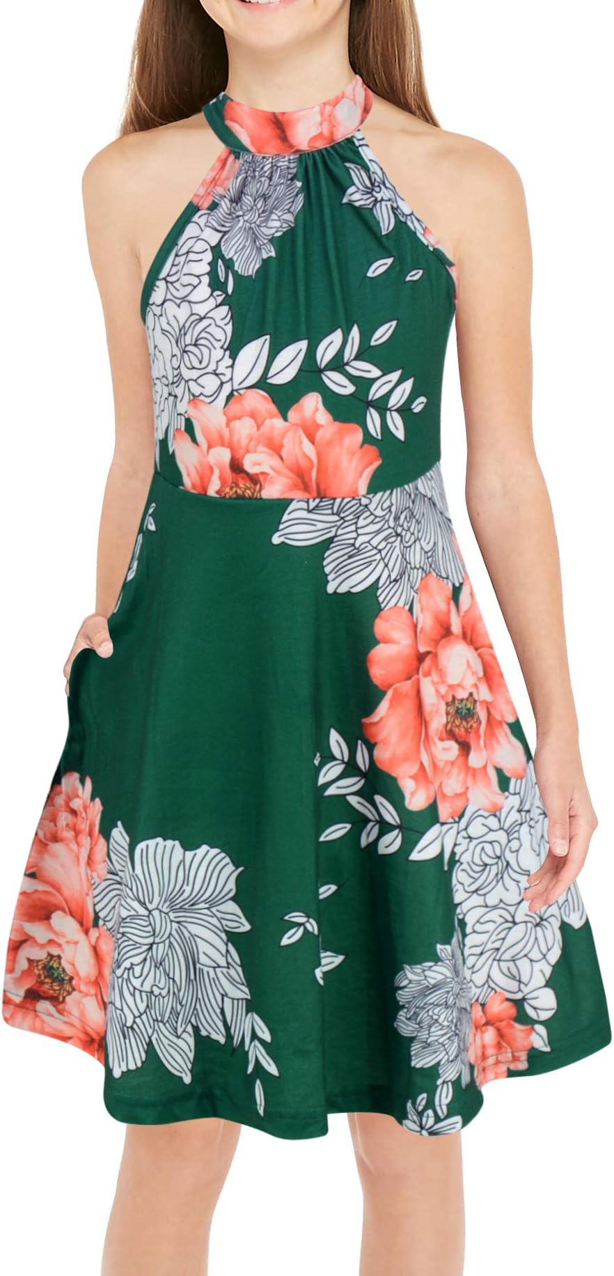 GORLYA Girl's Halter Neck Cold Shoulder Sleeveless Summer Casual Sundress A-line Dress with Pockets for 4-12 Years