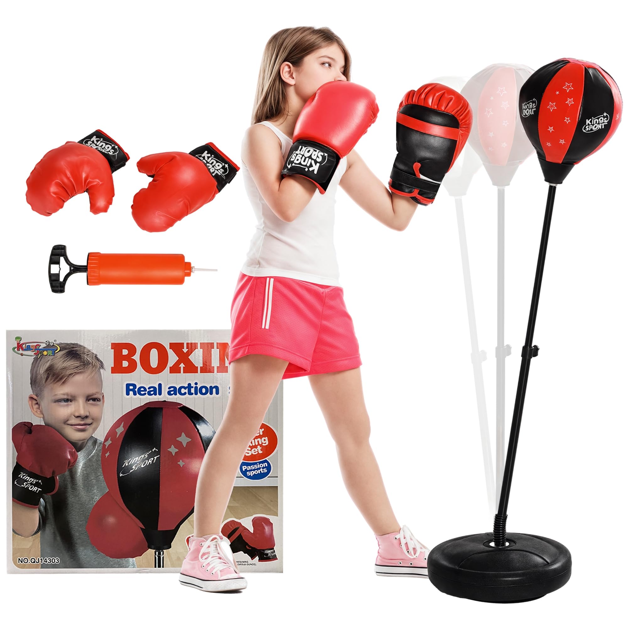 AIYAPLAY Sac de Frappe Enfants Punching Ball sur Pied pour Enfants de 5-10 Ans avec Gants de Boxe et Base de lestage, Sac de Boxe réglable en Hauteur 68-102 cm, Rouge