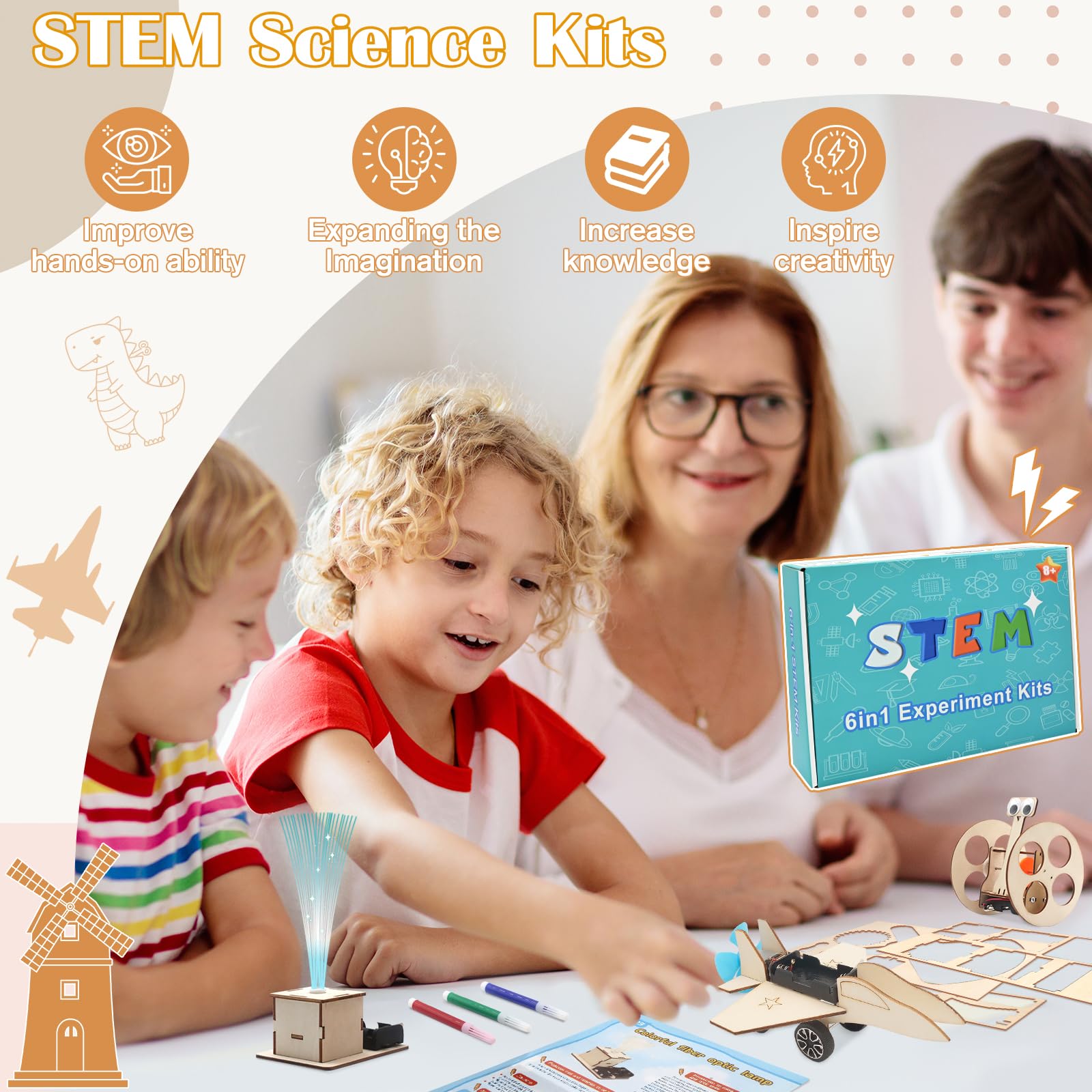 Esperimenti per Bambini da 8 9 10 11 12, 6 PCS Bambini kit di Costruzione, Robot Giocattolo Fai da Te, Kit di Esperimenti, Kit di Costruzione in Legno 3D, Regali da 8-14 Anni Ragazzi