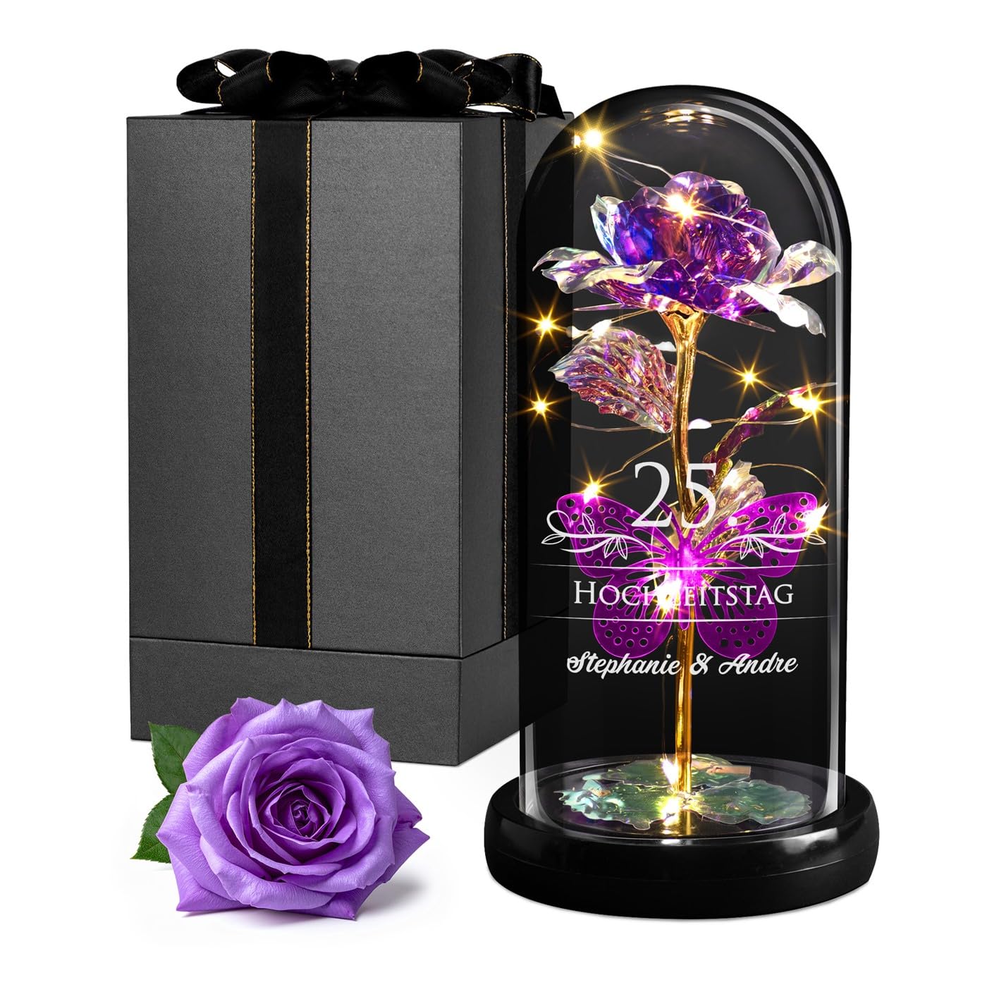 Maverton ewige Rose mit Gravur personalisiert - Rose im Glas mit Licht - Hochzeitsgeschenke für Brautpaar - personalisierte Geschenke zum Hochzeitstag zur Hochzeit