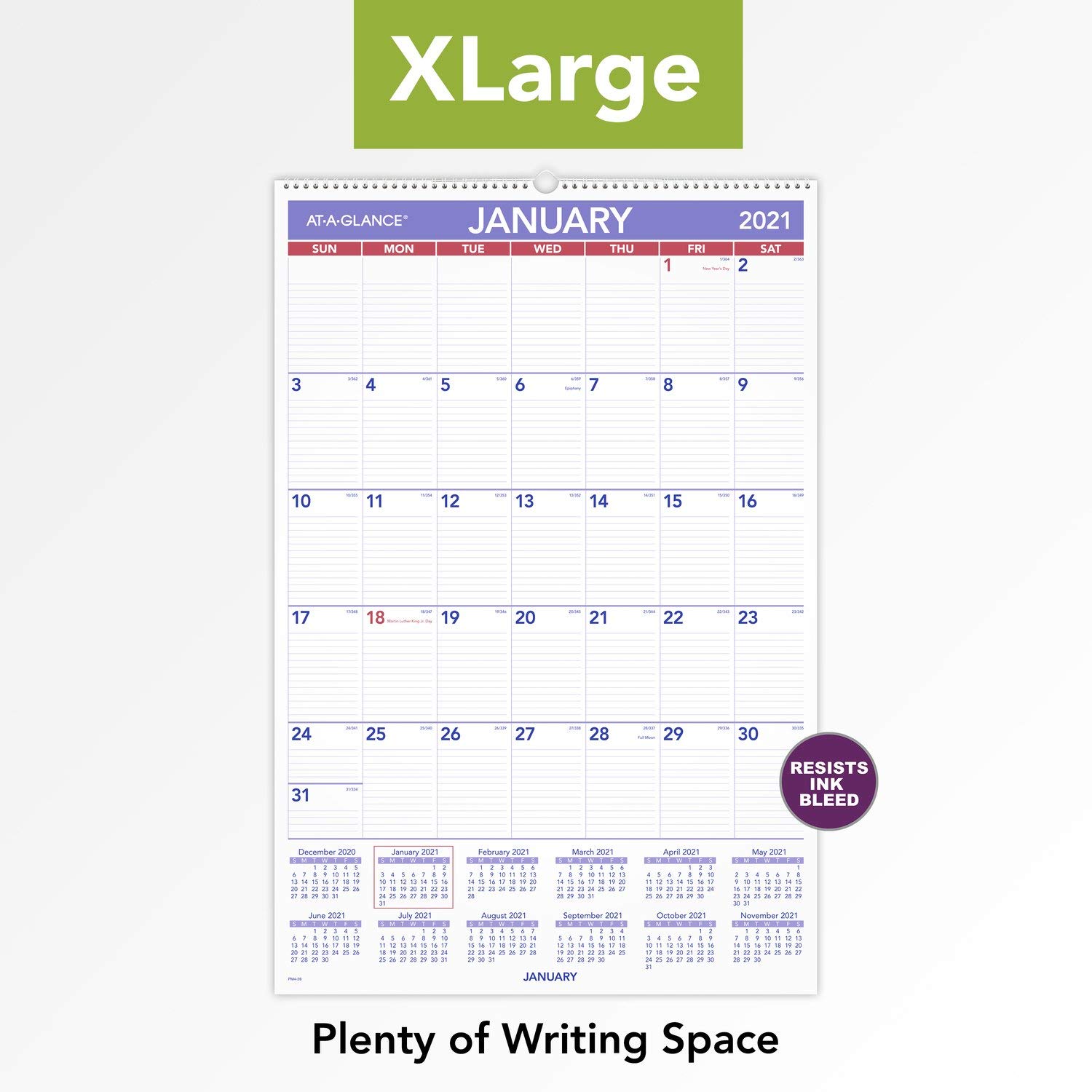 AT-A-GLANCE, Wandkalender 2021, 50,8 x 76,2 cm, extra groß, monatlich, Spiralbindung (PM42821), Weiß