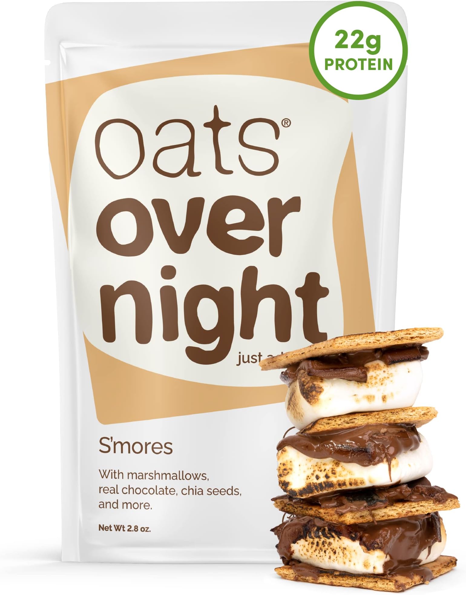 Oats Overnight S'mores - Overnight Oats with 22g Protein, High Fiber Breakfast Protein Shake - Gluten Free Oatmeal, Non GMO High Protein Oatmeal (2.8 oz per meal) (16 Pack)