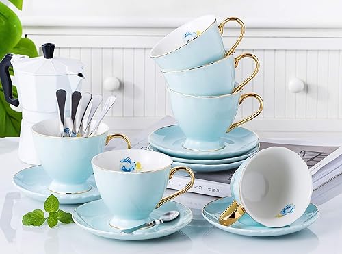 Miniatura 4 de Jusalpha Juego de 6 tazas de té y platillo de porcelana con platillo y cuchara (FD-TCS02 rosa (6), 7 onzas)