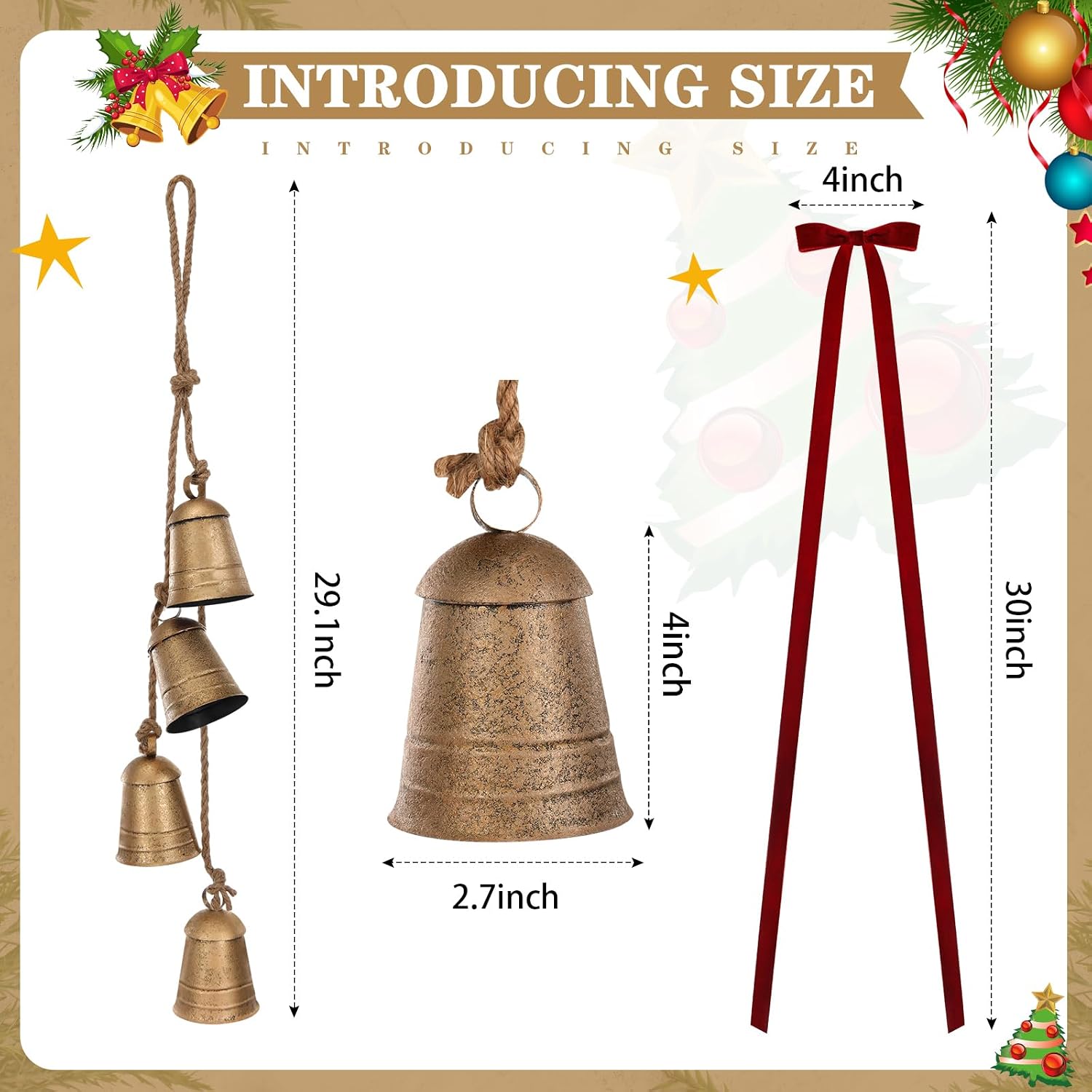 Civaner 1 Set Giant Christmas Bells with 30" Velvet Bow Xmas Tree Ornament Set of 4" x 3" x 29" Large Decorative Bell with Bow Jute Hanging Rope for Christmas Door Home DIY Craft (Burgundy,Classic)