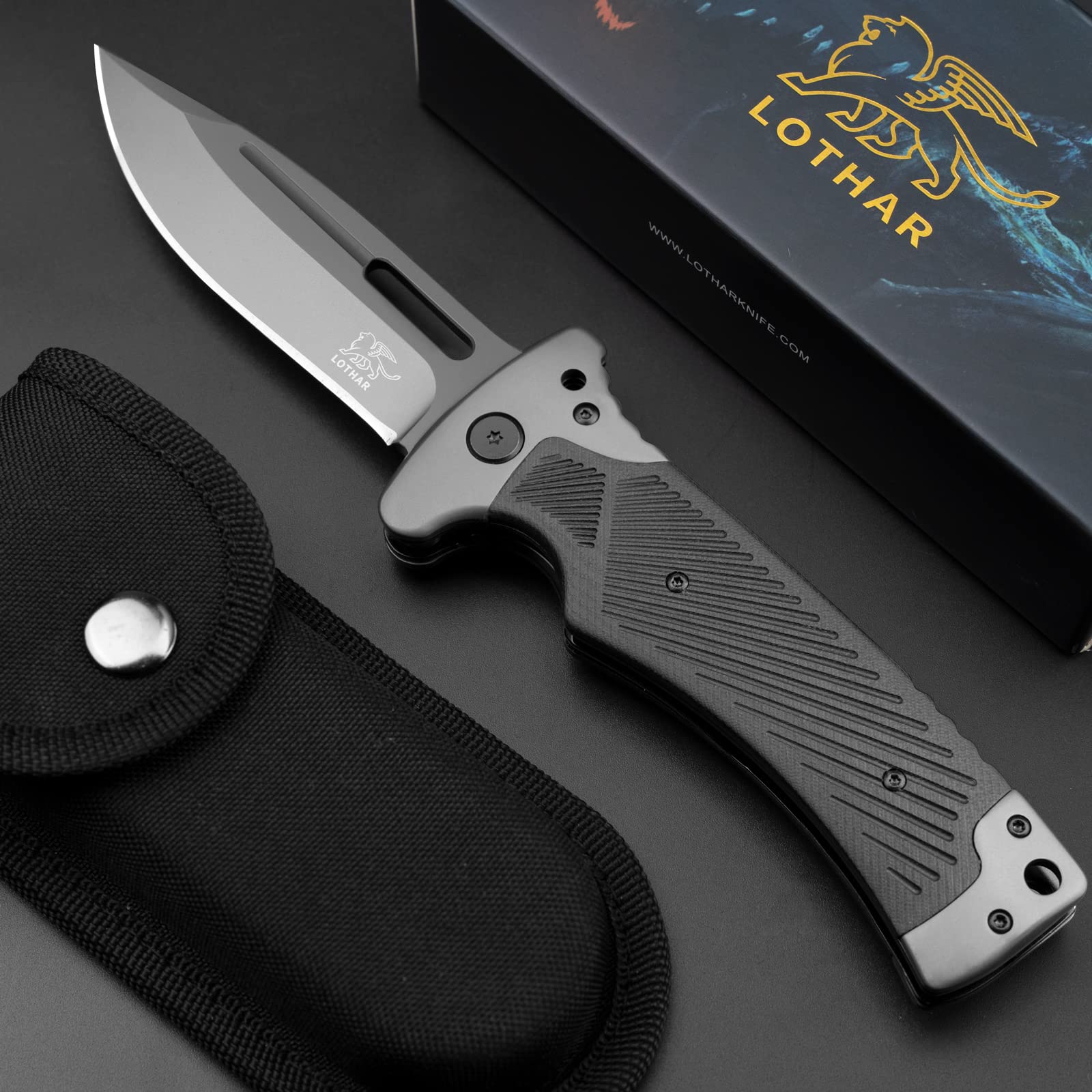LOTHAR RHINO Navaja Plegable, Cuchillo Plegable de una Mango con Hoja de Acero de 8Cr14Mov y Mango de G10, Bloqueo de Liner Seguro